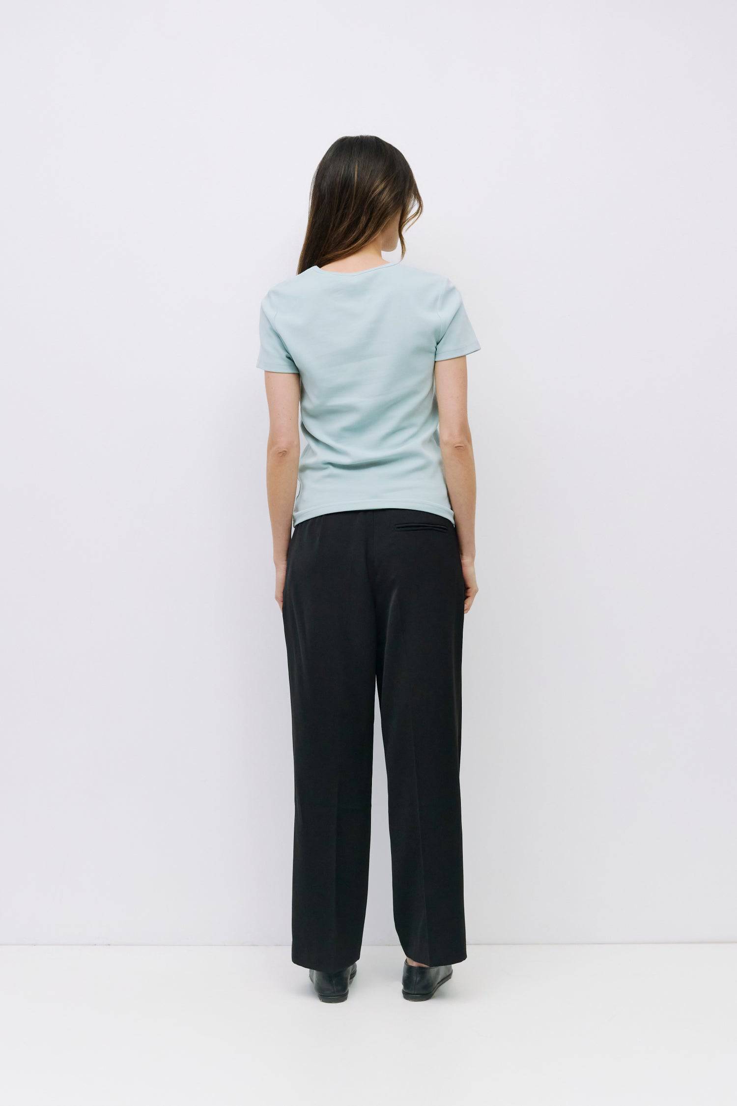 8994154250461, The Frida Top, Tops, All Row, back tie,Black,Blue,cf-color-blue,cf-color-lightblue,cf-color-white,cf-size-l,cf-vendor-all-row,Comfort,Comfortable,Crew Neck,Crew Neckline,Feminine,Form Fitting,Light Blue,new,Short Sleeve,Spring,Tops,versatile,white,Womens,womens top, Information The Frida Top is a form-fitting short sleeve knit made from soft, medium-weight fabric for a comfortable, tailored look. With a simple neck binding detail, it’s a versatile piece that pairs easily with both casual and