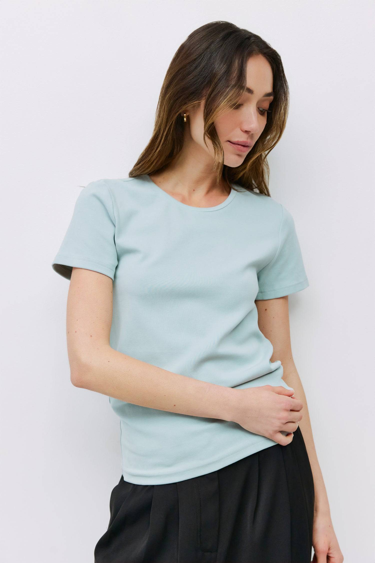 8994154250461, The Frida Top, Tops, All Row, back tie,Black,Blue,cf-color-blue,cf-color-lightblue,cf-color-white,cf-size-l,cf-vendor-all-row,Comfort,Comfortable,Crew Neck,Crew Neckline,Feminine,Form Fitting,Light Blue,new,Short Sleeve,Spring,Tops,versatile,white,Womens,womens top, Information The Frida Top is a form-fitting short sleeve knit made from soft, medium-weight fabric for a comfortable, tailored look. With a simple neck binding detail, it’s a versatile piece that pairs easily with both casual and