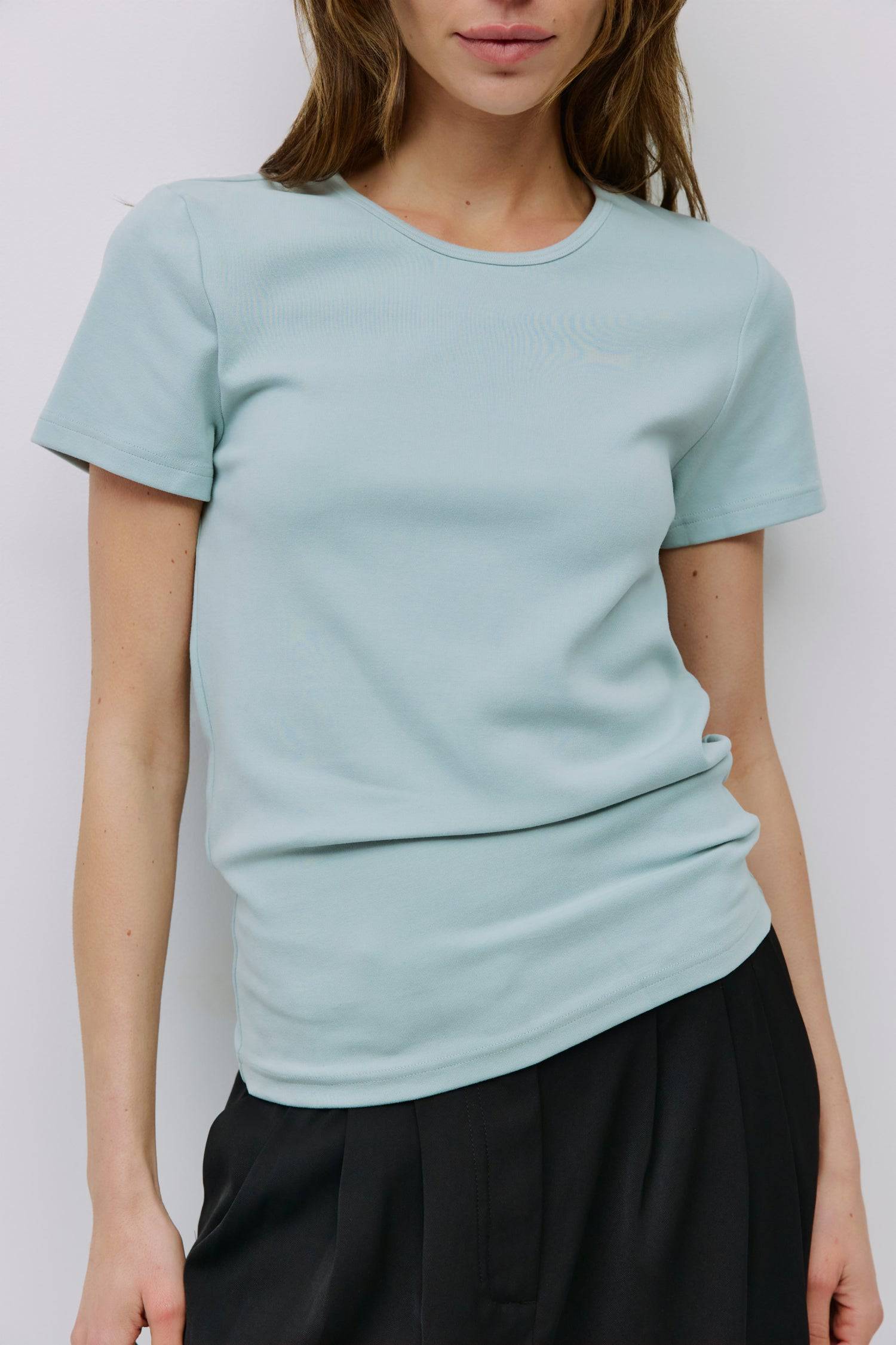 8994154250461, The Frida Top, Tops, All Row, back tie,Black,Blue,cf-color-blue,cf-color-lightblue,cf-color-white,cf-size-l,cf-vendor-all-row,Comfort,Comfortable,Crew Neck,Crew Neckline,Feminine,Form Fitting,Light Blue,new,Short Sleeve,Spring,Tops,versatile,white,Womens,womens top, Information The Frida Top is a form-fitting short sleeve knit made from soft, medium-weight fabric for a comfortable, tailored look. With a simple neck binding detail, it’s a versatile piece that pairs easily with both casual and