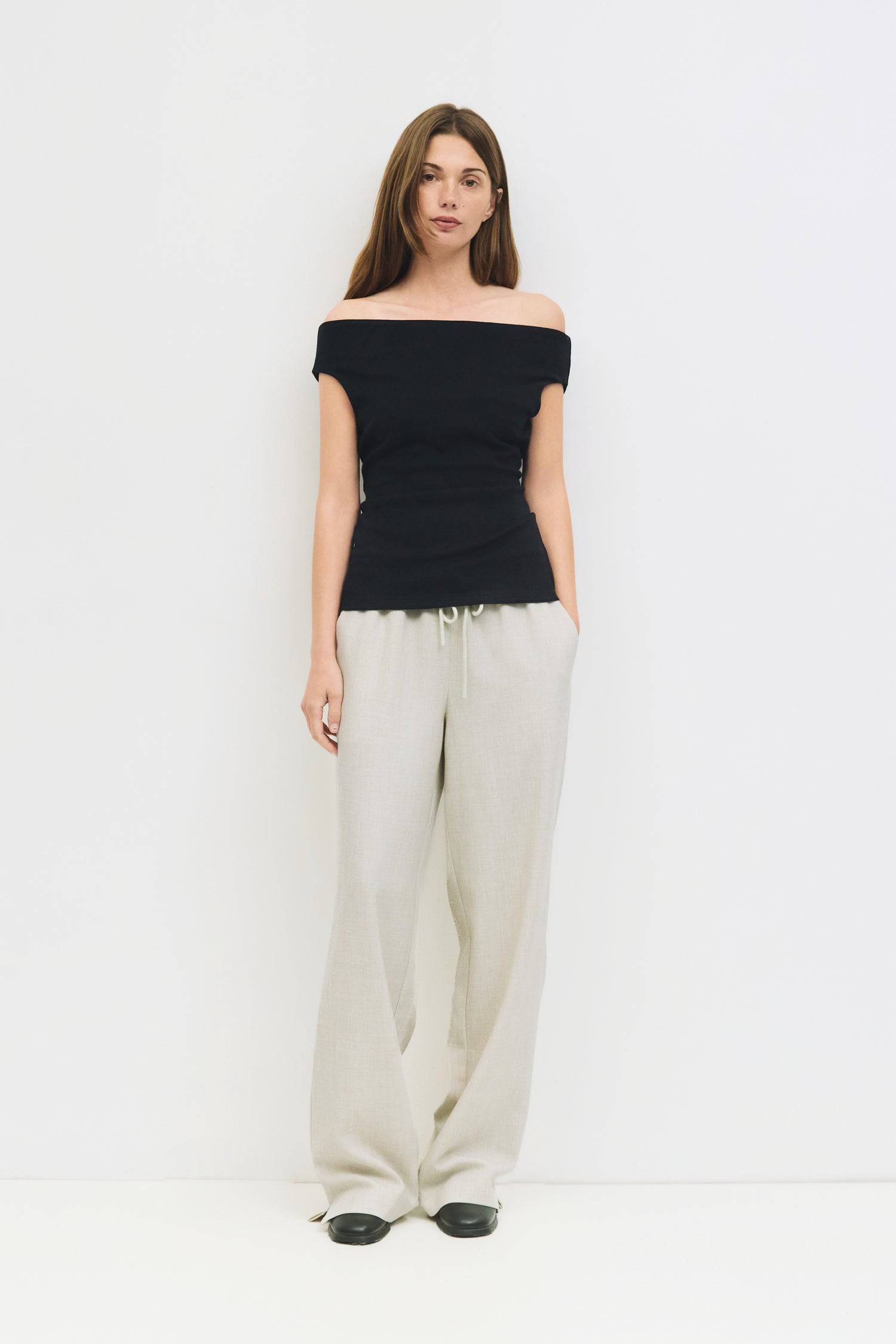 8994039234781, The Kris Top, Tops, All Row, All Row,allrow,beige,Black,Casual,cf-color-beige,cf-color-black,cf-color-white,cf-size-l,cf-size-m,cf-size-s,cf-vendor-all-row,Comfortable,Cozy,flattering,knit,new,off shoulder,set,Sets,Short Sleeve,Spring,Summer,Twist,Women's,womens top, Information The Kris Top is a form-fitting knit designed with an elegant off-the-shoulder neckline. Crafted from a midweight knit with short sleeves for a sleek, effortless look. Details Self: 48% Cotton, 48% Rayon, 4% Spandex Fo