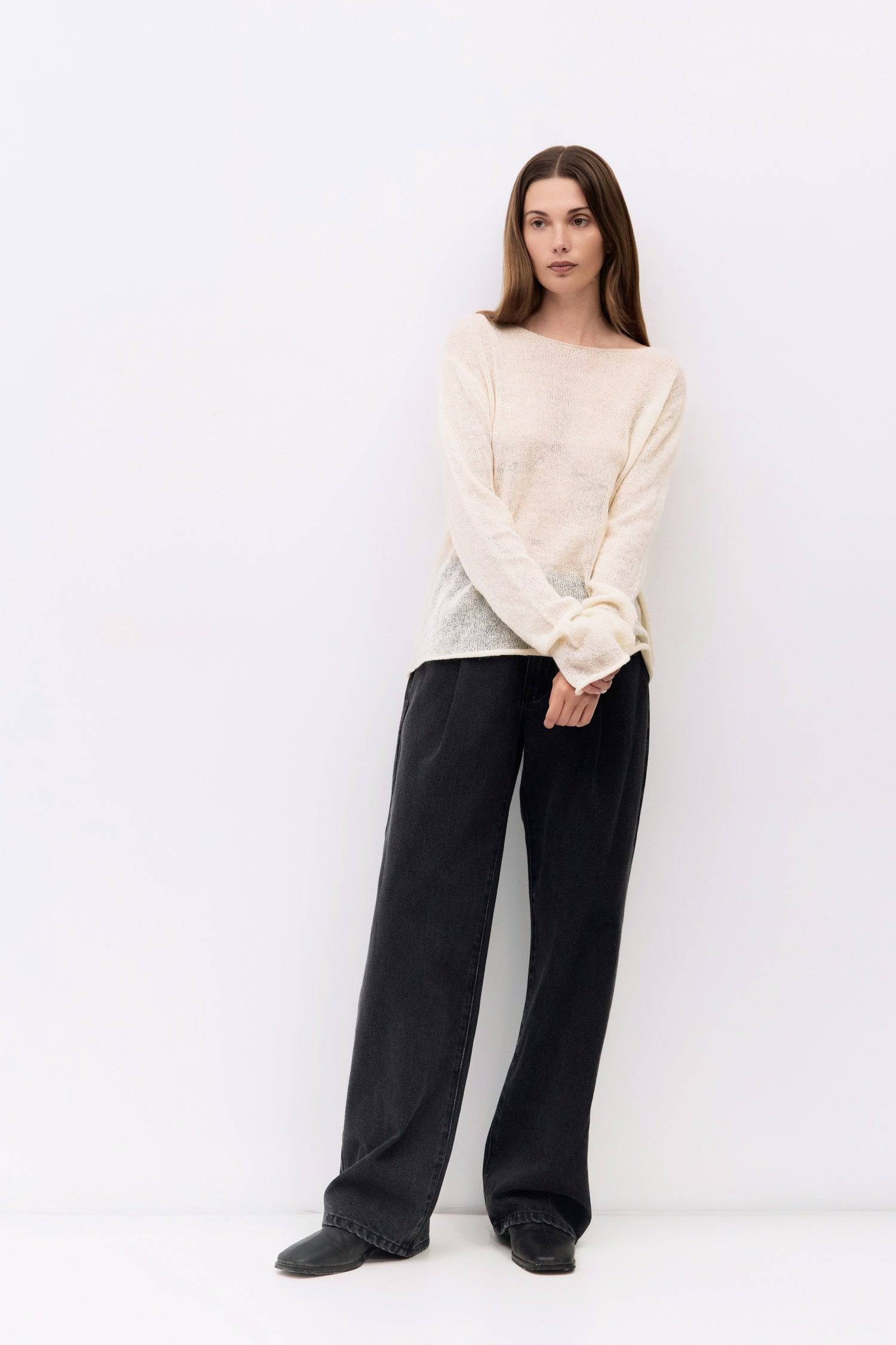 9084477309149, The Darcy Sweater, Tops, All Row, All Row,allrow,Basic,Basics,boat neck,boat neckline,Casual,cf-color-black,cf-color-blue,cf-color-cream,cf-size-l,cf-size-m,cf-size-s,Comfortable,Cream,Everyday,Grey,key hole,Long Sleeve,long sleeves,Loose,Loose Fit,Matching Set,new,Relaxed,Relaxed Fit,semi sheer,Sheer,Spring,stretch,Transitional,Womens,womens top, Information The Darcy Sweater is a lightweight, open-knit piece with a relaxed fit and elegant boat neckline. Its breathable design and long sleeve
