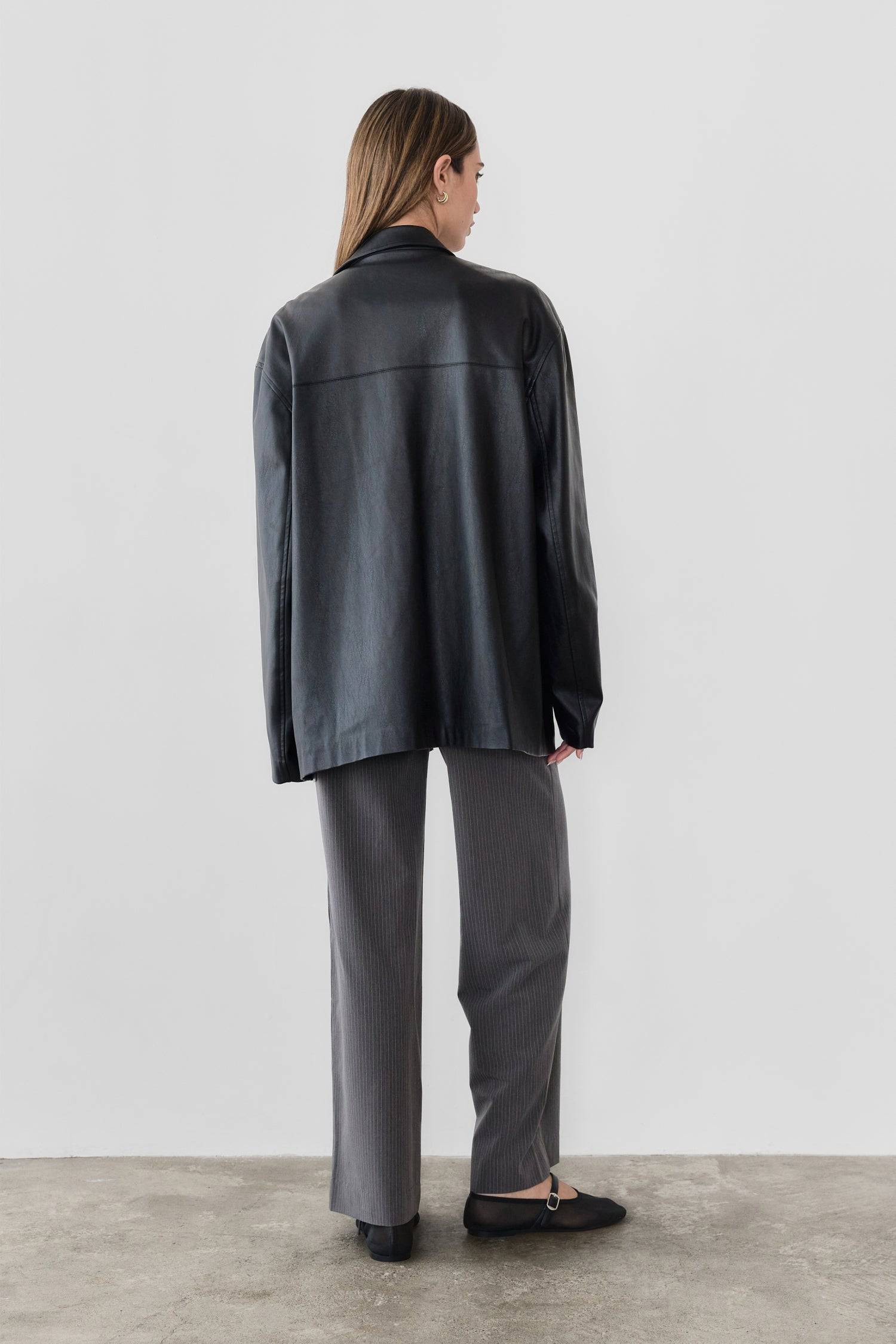 7964139290845, The Camren Jacket, Outerwear, All Row, All Row,allrow,Back Detail,cf-color-black,cf-color-olive,cf-size-l,cf-vendor-all-row,Coat,common,common market,Cotton,Detail,Faux Leather,genderless,Leather,mens,mens shirt,minimalist,new,Olive,Oversized,Pleather,Polyester,Semi-Formal,Spring,statement,statement piece,tencel,Unisex,vegan leather,versatile,Womens,womens top, Information The Camren Jacket is a unisex faux leather jacket in a boxy silhouette. It features a back yoke, side patch pockets, and