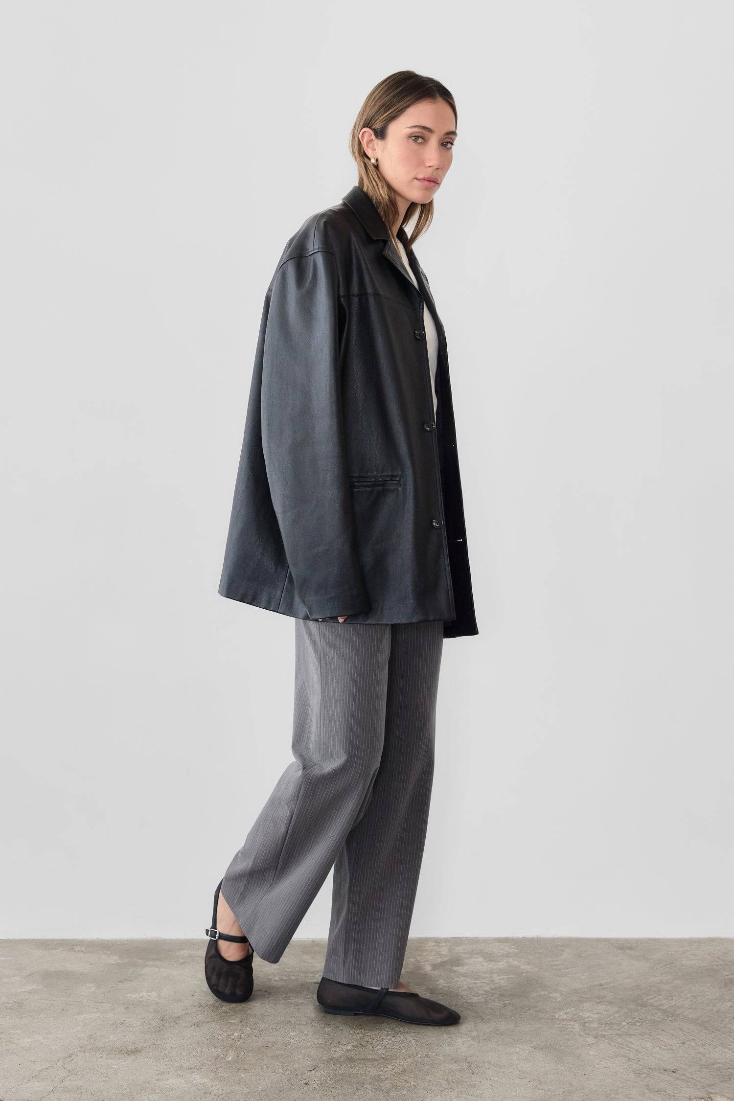 7964139290845, The Camren Jacket, Outerwear, All Row, All Row,allrow,Back Detail,cf-color-black,cf-color-olive,cf-size-l,cf-vendor-all-row,Coat,common,common market,Cotton,Detail,Faux Leather,genderless,Leather,mens,mens shirt,minimalist,new,Olive,Oversized,Pleather,Polyester,Semi-Formal,Spring,statement,statement piece,tencel,Unisex,vegan leather,versatile,Womens,womens top, Information The Camren Jacket is a unisex faux leather jacket in a boxy silhouette. It features a back yoke, side patch pockets, and