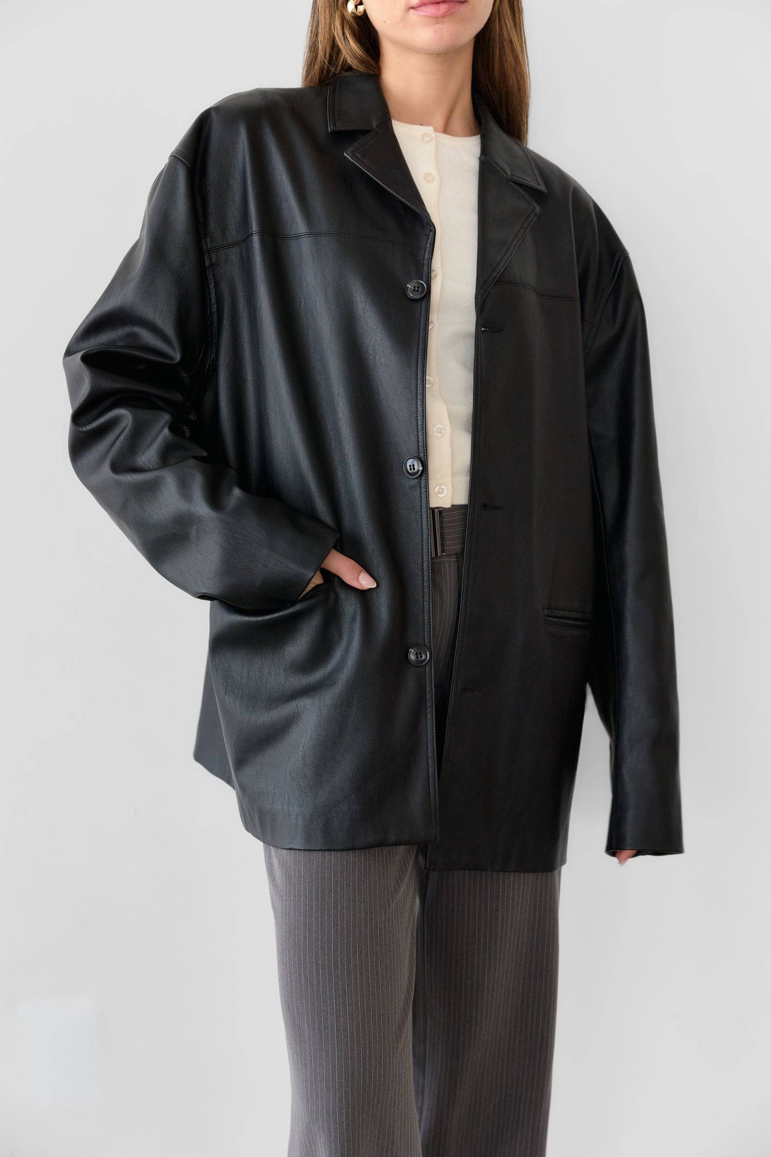 7964139290845, The Camren Jacket, Outerwear, All Row, All Row,allrow,Back Detail,cf-color-black,cf-color-olive,cf-size-l,cf-vendor-all-row,Coat,common,common market,Cotton,Detail,Faux Leather,genderless,Leather,mens,mens shirt,minimalist,new,Olive,Oversized,Pleather,Polyester,Semi-Formal,Spring,statement,statement piece,tencel,Unisex,vegan leather,versatile,Womens,womens top, Information The Camren Jacket is a unisex faux leather jacket in a boxy silhouette. It features a back yoke, side patch pockets, and