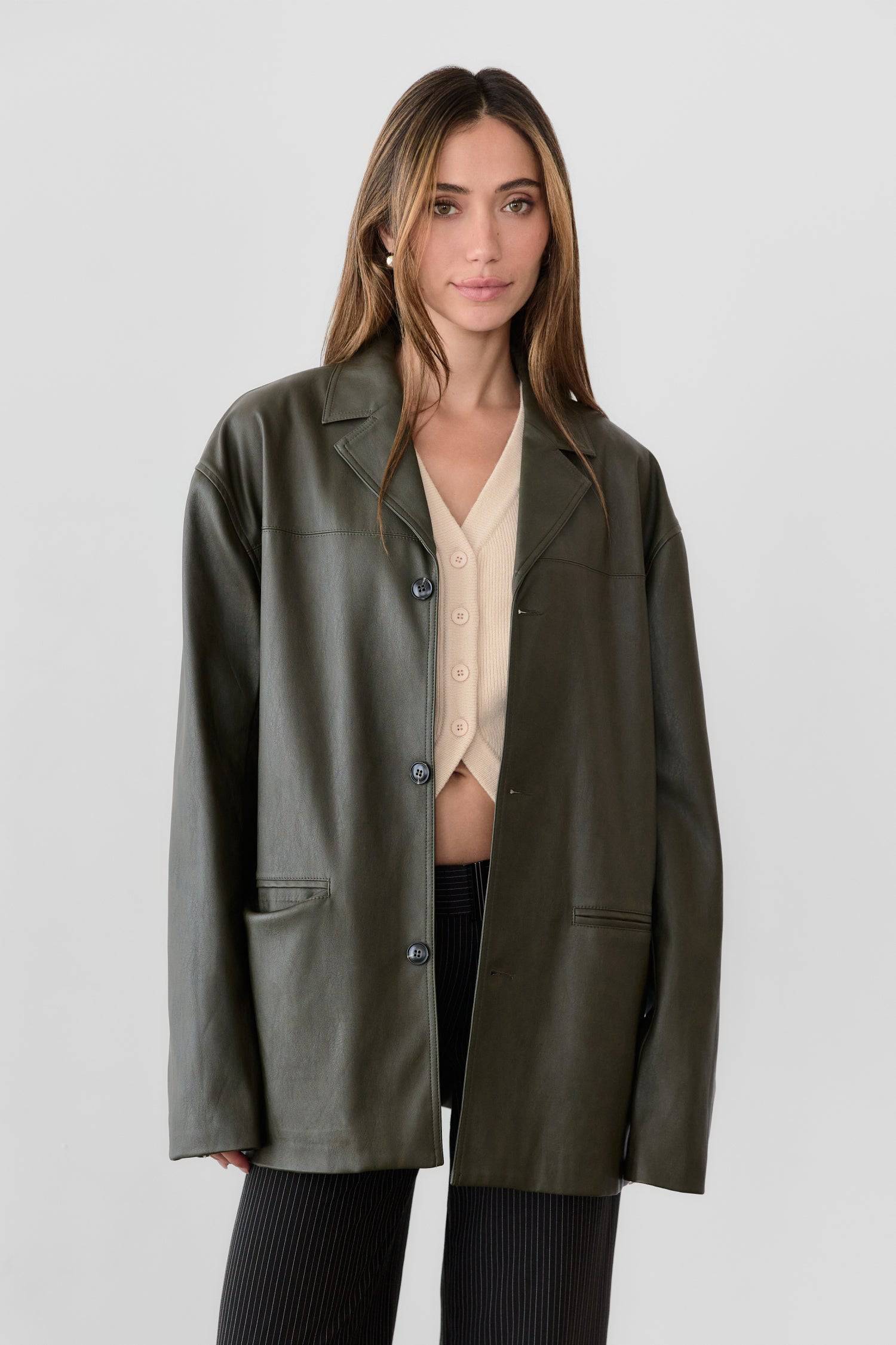7964139290845, The Camren Jacket, Outerwear, All Row, All Row,allrow,Back Detail,cf-color-black,cf-color-olive,cf-size-l,cf-vendor-all-row,Coat,common,common market,Cotton,Detail,Faux Leather,genderless,Leather,mens,mens shirt,minimalist,new,Olive,Oversized,Pleather,Polyester,Semi-Formal,Spring,statement,statement piece,tencel,Unisex,vegan leather,versatile,Womens,womens top, Information The Camren Jacket is a unisex faux leather jacket in a boxy silhouette. It features a back yoke, side patch pockets, and