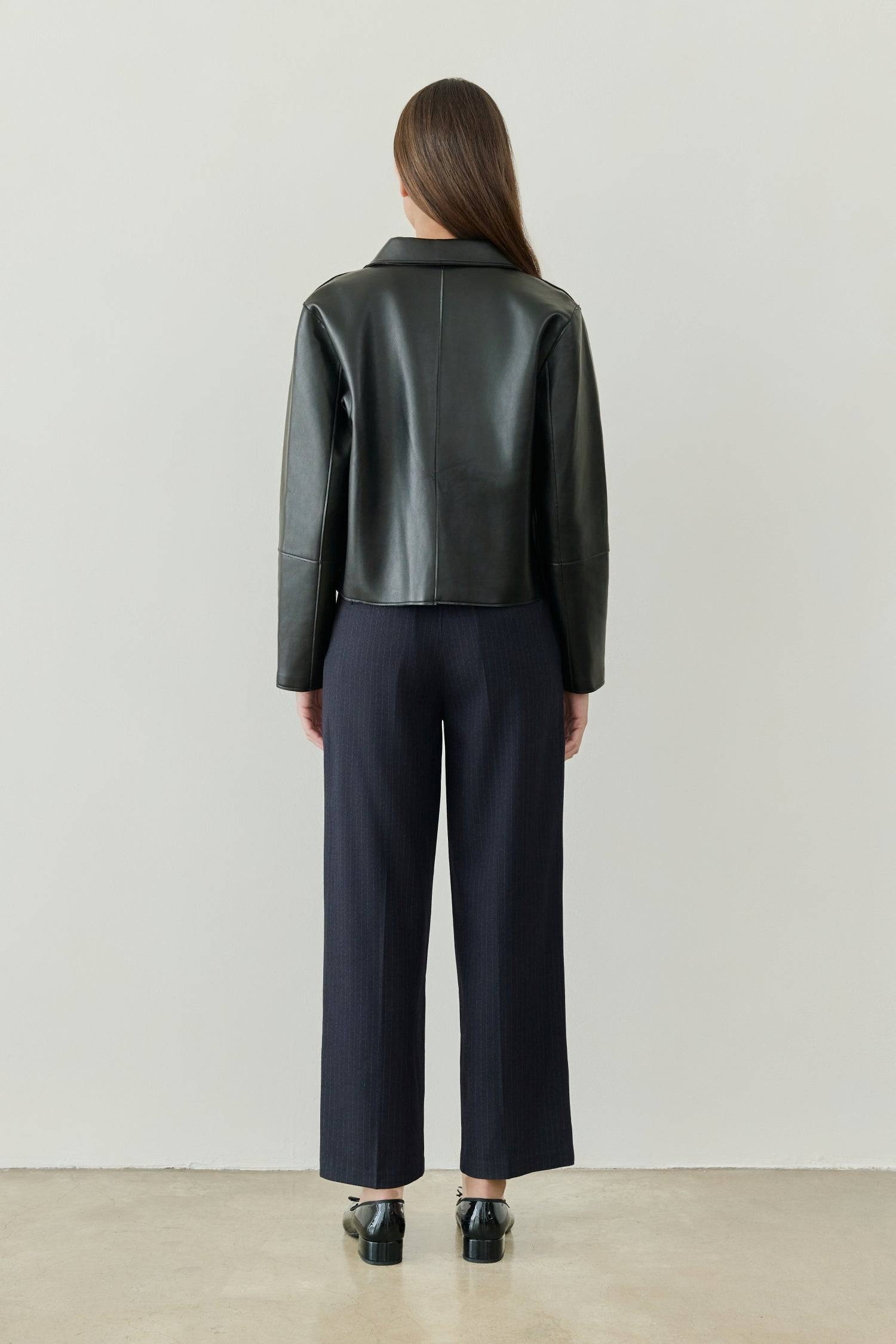 8302395818205, The Nicolette Jacket, Outerwear, All Row, All Row,allrow,Back Detail,Black,Casual,cf-color-black,cf-size-l,cf-size-m,cf-vendor-all-row,Coat,Comfortable,Cropped,cropped hemline,Detail,Everyday,Faux Leather,genderless,Jacket,Leather,leather jacket,Minimal,minimalist,new,Outerwear,Pleather,Polyester,Semi-Formal,Spring,statement,statement piece,Transitional,vegan leather,versatile,Womens,womens top, Information Your new wardrobe staple - The Nicolette Jacket. It is a faux leather jacket that's si