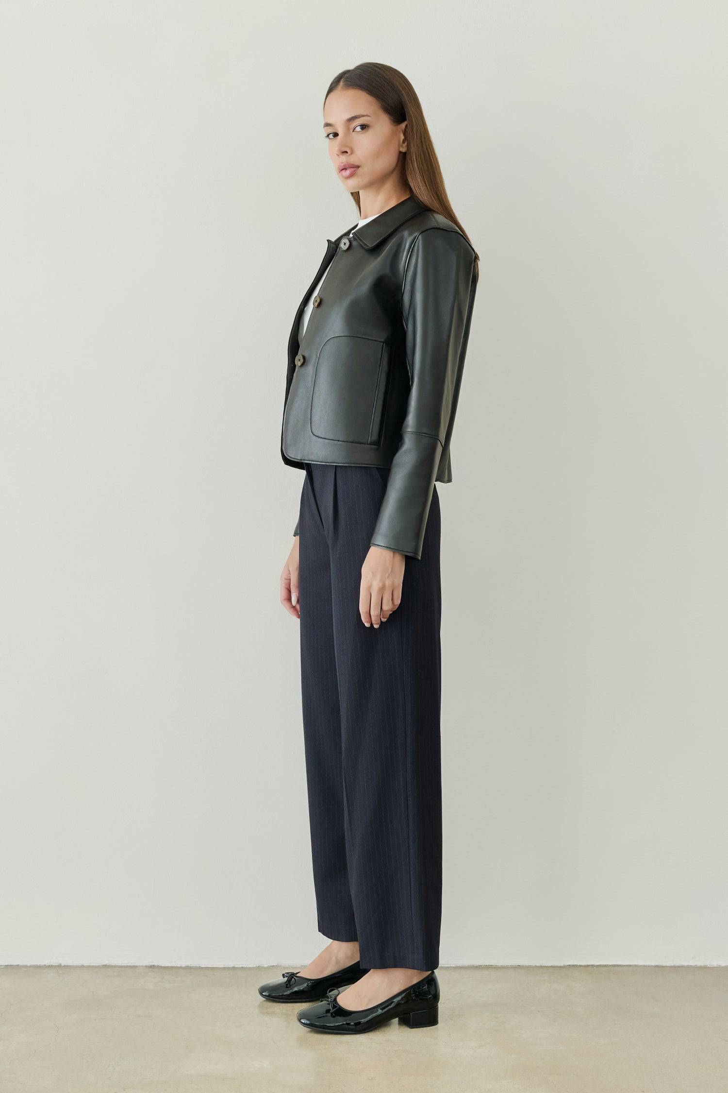 8302395818205, The Nicolette Jacket, Outerwear, All Row, All Row,allrow,Back Detail,Black,Casual,cf-color-black,cf-size-l,cf-size-m,cf-vendor-all-row,Coat,Comfortable,Cropped,cropped hemline,Detail,Everyday,Faux Leather,genderless,Jacket,Leather,leather jacket,Minimal,minimalist,new,Outerwear,Pleather,Polyester,Semi-Formal,Spring,statement,statement piece,Transitional,vegan leather,versatile,Womens,womens top, Information Your new wardrobe staple - The Nicolette Jacket. It is a faux leather jacket that's si