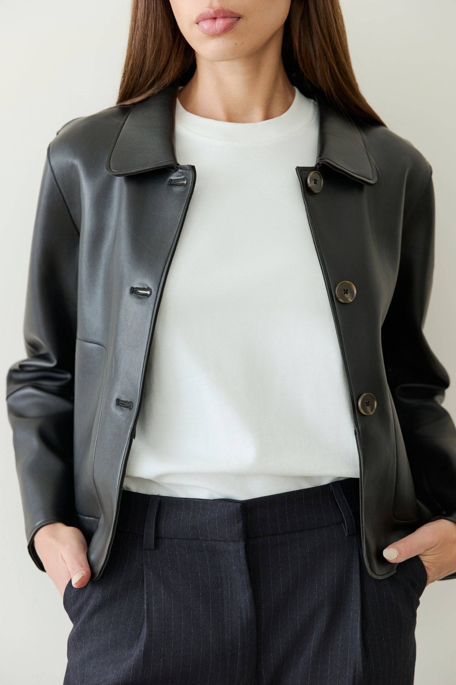 8302395818205, The Nicolette Jacket, Outerwear, All Row, All Row,allrow,Back Detail,Black,Casual,cf-color-black,cf-size-l,cf-size-m,cf-vendor-all-row,Coat,Comfortable,Cropped,cropped hemline,Detail,Everyday,Faux Leather,genderless,Jacket,Leather,leather jacket,Minimal,minimalist,new,Outerwear,Pleather,Polyester,Semi-Formal,Spring,statement,statement piece,Transitional,vegan leather,versatile,Womens,womens top, Information Your new wardrobe staple - The Nicolette Jacket. It is a faux leather jacket that's si