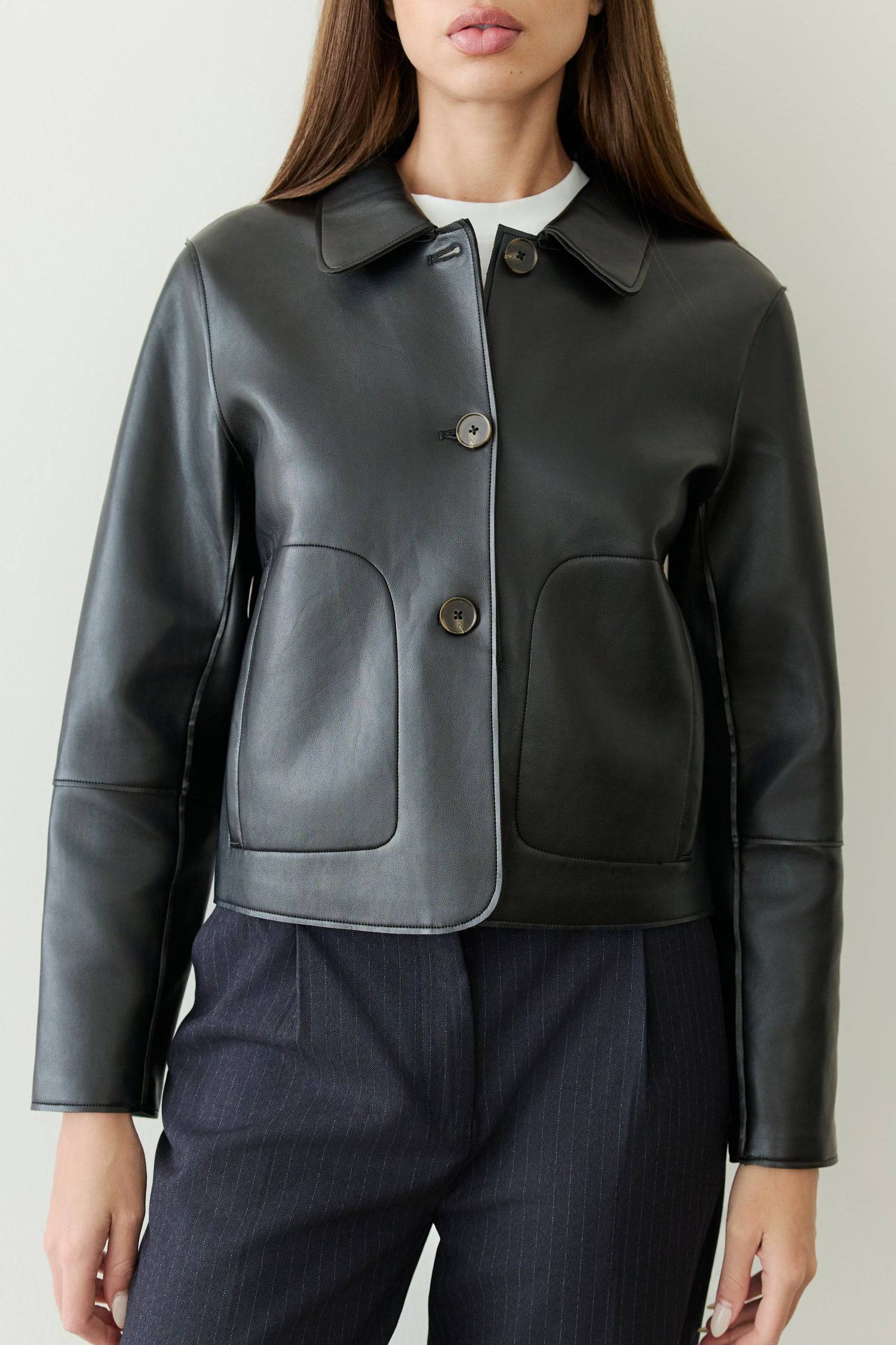 8302395818205, The Nicolette Jacket, Outerwear, All Row, All Row,allrow,Back Detail,Black,Casual,cf-color-black,cf-size-l,cf-size-m,cf-vendor-all-row,Coat,Comfortable,Cropped,cropped hemline,Detail,Everyday,Faux Leather,genderless,Jacket,Leather,leather jacket,Minimal,minimalist,new,Outerwear,Pleather,Polyester,Semi-Formal,Spring,statement,statement piece,Transitional,vegan leather,versatile,Womens,womens top, Information Your new wardrobe staple - The Nicolette Jacket. It is a faux leather jacket that's si