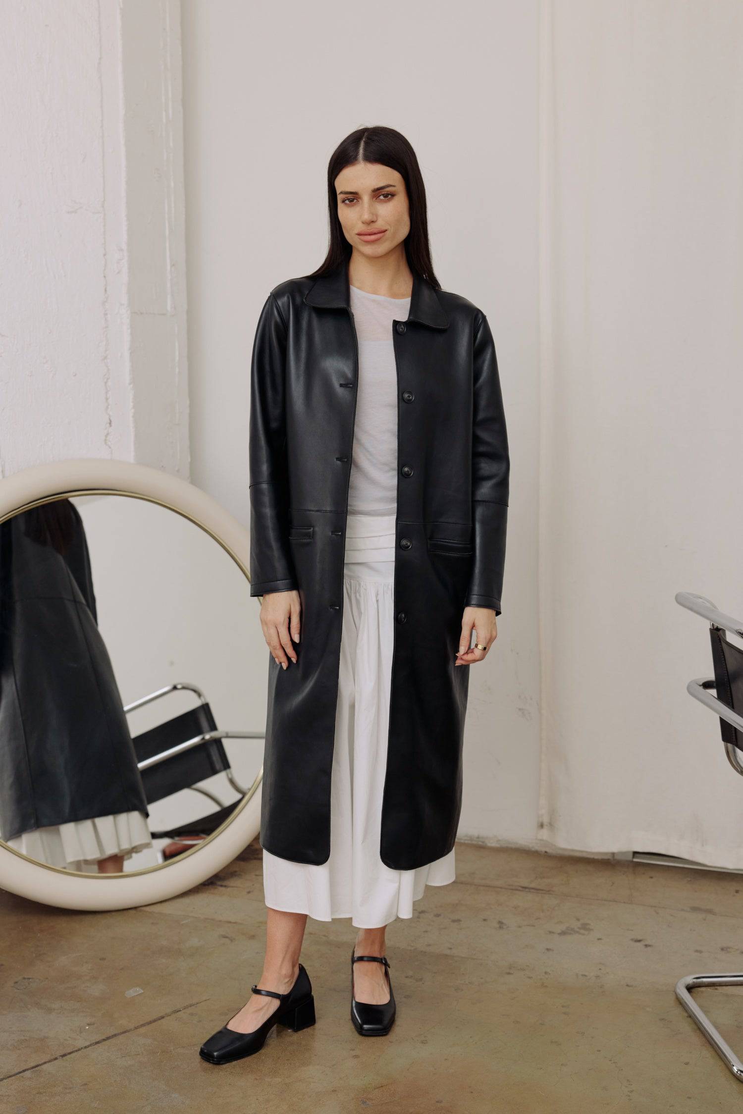 8302395162845, The Dextra Coat, Outerwear, All Row, All Row,allrow,beige,Black,cf-color-black,cf-size-l,cf-size-m,cf-size-s,cf-vendor-all-row,cinch,Cinched Waist,Coat,Colder Seasons,Collared Coat,Fall,Faux Leather,Leather,leather jacket,midi length,minimalist,new,Outerwear,Oversized,Oversized Coat,Pocket,Pockets,Sage,side pockets,statement,statement piece,Trench Coat,vegan leather,Winter,Womens, Information Meet The Dextra Coat, your new everyday essential that is both functional and chic. This coat is fabr