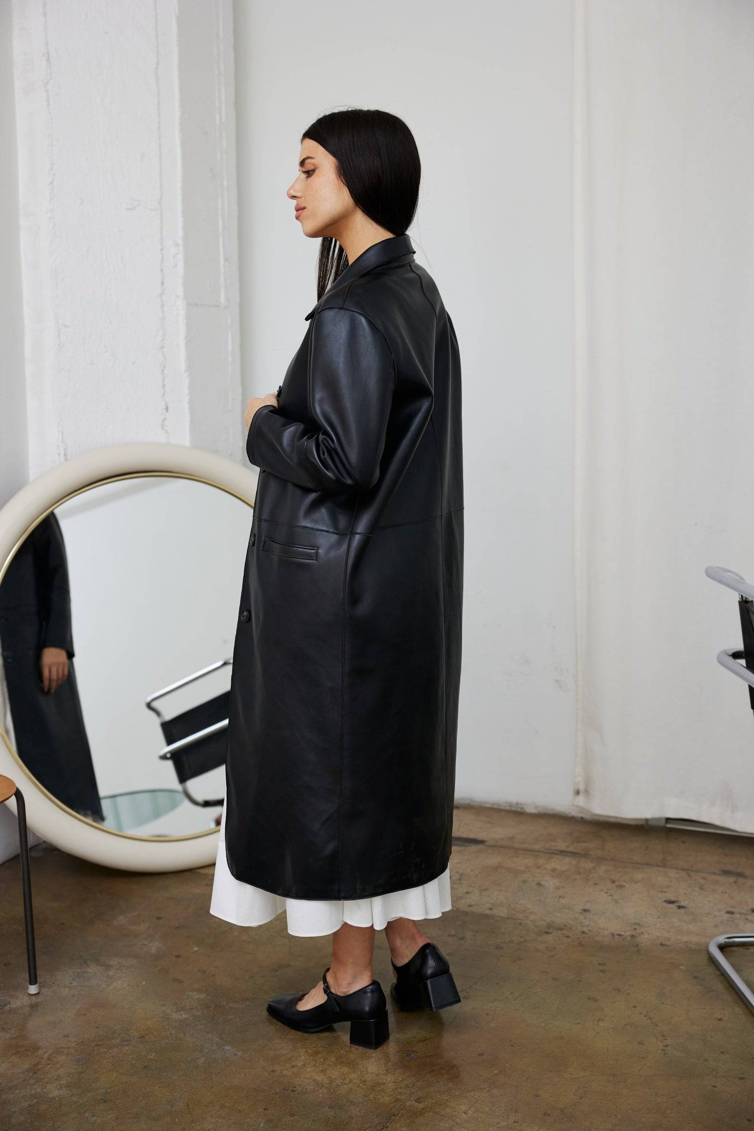 8302395162845, The Dextra Coat, Outerwear, All Row, All Row,allrow,beige,Black,cf-color-black,cf-size-l,cf-size-m,cf-size-s,cf-vendor-all-row,cinch,Cinched Waist,Coat,Colder Seasons,Collared Coat,Fall,Faux Leather,Leather,leather jacket,midi length,minimalist,new,Outerwear,Oversized,Oversized Coat,Pocket,Pockets,Sage,side pockets,statement,statement piece,Trench Coat,vegan leather,Winter,Womens, Information Meet The Dextra Coat, your new everyday essential that is both functional and chic. This coat is fabr