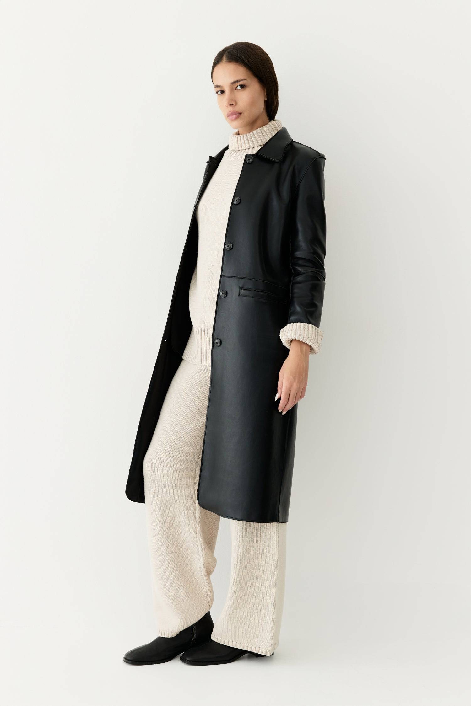 8302395162845, The Dextra Coat, Outerwear, All Row, All Row,allrow,beige,Black,cf-color-black,cf-size-l,cf-size-m,cf-size-s,cf-vendor-all-row,cinch,Cinched Waist,Coat,Colder Seasons,Collared Coat,Fall,Faux Leather,Leather,leather jacket,midi length,minimalist,new,Outerwear,Oversized,Oversized Coat,Pocket,Pockets,Sage,side pockets,statement,statement piece,Trench Coat,vegan leather,Winter,Womens, Information Meet The Dextra Coat, your new everyday essential that is both functional and chic. This coat is fabr