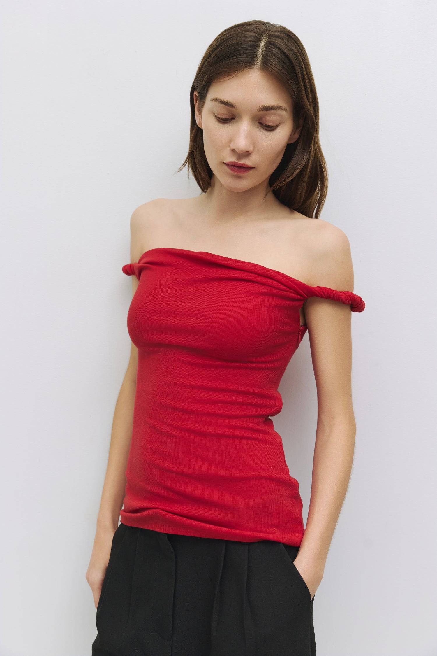 8767788450013, The Alix Top, Tops, All Row, All Row,allrow,beige,Black,Casual,cf-color-beige,cf-color-black,cf-color-white,cf-size-l,cf-size-m,cf-size-s,cf-vendor-all-row,Comfortable,Cozy,final-sale,finalsale,flattering,knit,new,off shoulder,sale,set,Sets,Short Sleeve,Spring,Summer,Twist,Women's,womens top, Information The Alix Top is a twisted off-the-shoulder tank top designed with a lightweight wool-blend knit fabric. The double-layered bodice ensures a seamless silhouette while the twisted shoulder deta