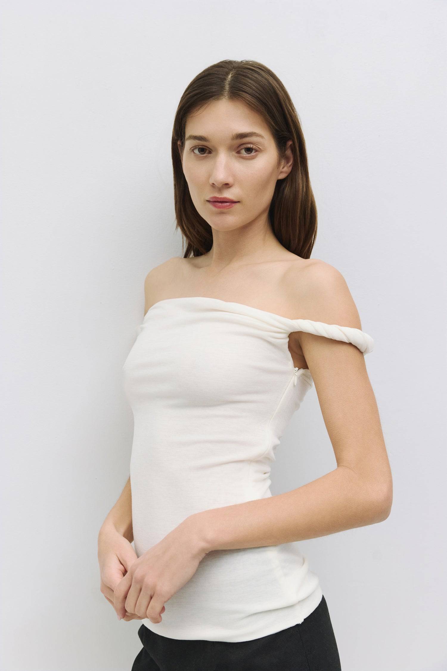 8767788450013, The Alix Top, Tops, All Row, All Row,allrow,beige,Black,Casual,cf-color-beige,cf-color-black,cf-color-white,cf-size-l,cf-size-m,cf-size-s,cf-vendor-all-row,Comfortable,Cozy,final-sale,finalsale,flattering,knit,new,off shoulder,sale,set,Sets,Short Sleeve,Spring,Summer,Twist,Women's,womens top, Information The Alix Top is a twisted off-the-shoulder tank top designed with a lightweight wool-blend knit fabric. The double-layered bodice ensures a seamless silhouette while the twisted shoulder deta