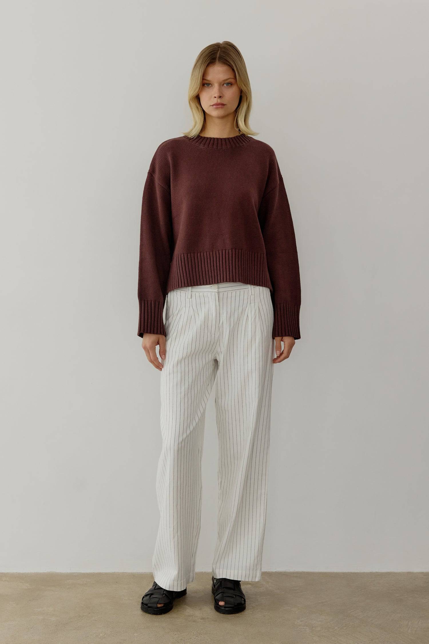 8809536323805, The Asher Sweater, Tops, All Row, All Row,allrow,Black,brown,Button Down Shirt,Button up,buttons,Cardigan,cf-color-black,cf-color-brown,cf-size-l,cf-size-m,cf-size-s,Comfortable,Crew Neck,Crew Neckline,Everyday,longsleeve,Matching Set,set,Sets,stretch,Stretchy,taupe,tonal buttons,Transitional,Womens,womens top, Information The Asher Sweater is an oversized cropped pullover sweater with a classic rib detail at the neckline and hem. The semi-cropped length ensures a proportional fit and the mid