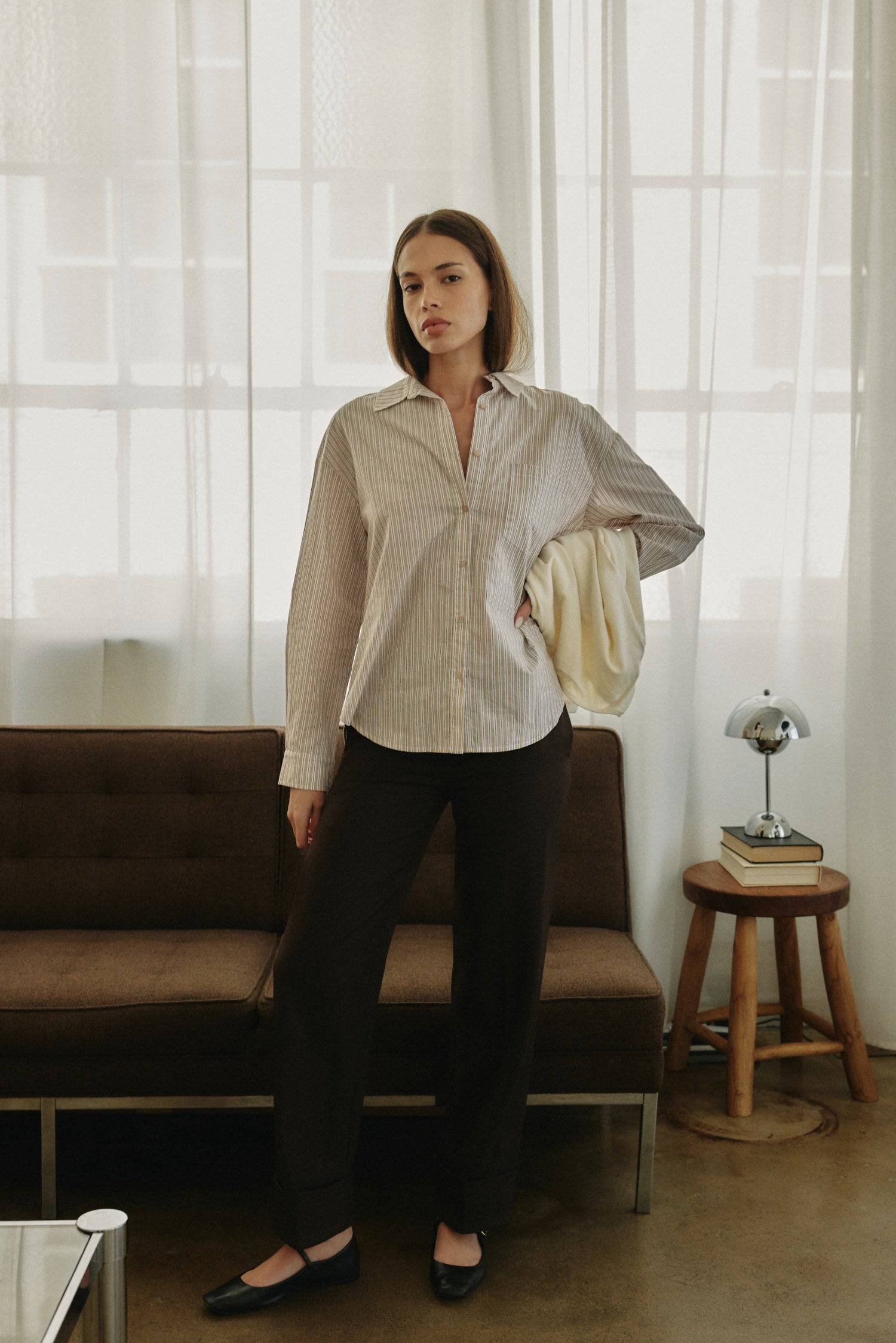 8854678175965, The Hanley Top, Tops, All Row, All Row,allrow,beige,Button,Button down,Buttons,Casual,cf-color-beige,cf-color-blue,cf-size-l,cf-size-m,cf-size-s,cf-vendor-all-row,collared,Comfortable,Everyday,Green,Lightweight,Long Sleeve,new,OVERSIZED,Pinstripes,POPLIN,Relaxed Fit,Sage,Spring,Striped,Stripes,Summer,tonal buttons,Womens, Information The Hanley Top is an oversized multi-stripe shirt with a relaxed fit and a single chest pocket. Its breezy design and laid-back silhouette bring effortless ease