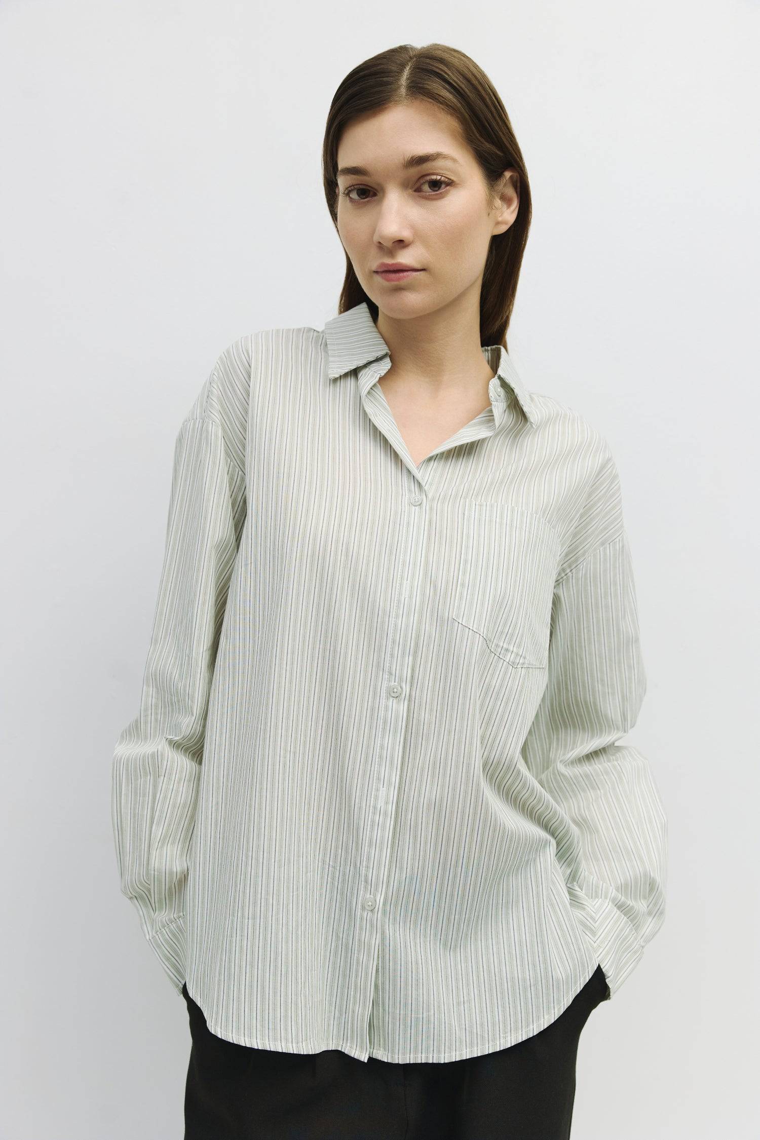 8854678175965, The Hanley Top, Tops, All Row, All Row,allrow,beige,Button,Button down,Buttons,Casual,cf-color-beige,cf-color-blue,cf-size-l,cf-size-m,cf-size-s,cf-vendor-all-row,collared,Comfortable,Everyday,Green,Lightweight,Long Sleeve,new,OVERSIZED,Pinstripes,POPLIN,Relaxed Fit,Sage,Spring,Striped,Stripes,Summer,tonal buttons,Womens, Information The Hanley Top is an oversized multi-stripe shirt with a relaxed fit and a single chest pocket. Its breezy design and laid-back silhouette bring effortless ease