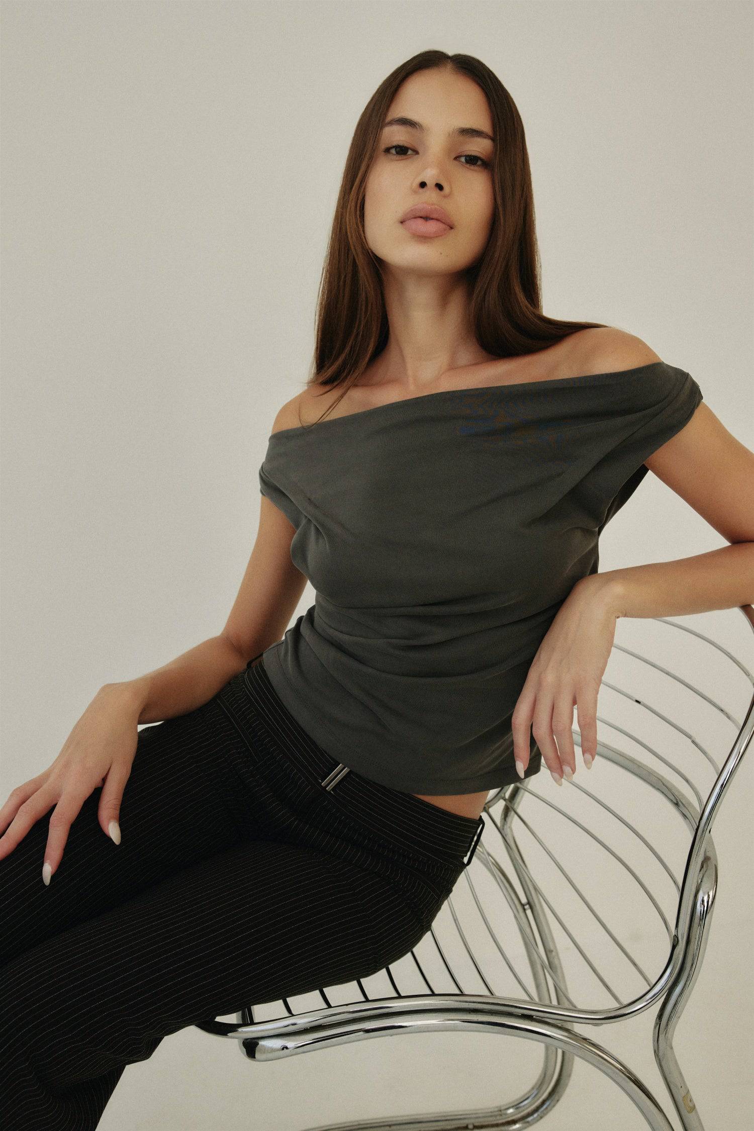 8855360798941, The Nita Top, Tops, All Row, All Row,allrow,Black,Casual,cf-color-black,cf-color-blush,cf-color-charcoal,cf-color-olive,cf-color-white,cf-size-l,cf-size-m,cf-size-s,cf-vendor-all-row,Charcoal,Cowl,cowl neck,Cozy,Draped,final-sale,finalsale,ivory,Khaki,knit,Knit Top,Long Sleeve,Long Sleeve Top,Matching Set,modal,new,sale,set,Sets,Short Sleeve,Spring,Summer,texture,thin,Women's,womens top, Information The Nita Top features an off-the-shoulder design with a draped cowl neck for an elegant look.