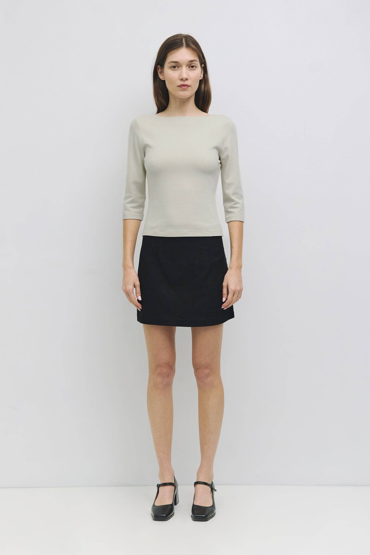 8878009647325, The Ridley Top, Tops, All Row, 3/4 Length Sleeve,3/4 Sleeve,Basic,Basics,beige,Black,Blue,Breathable,Casual,cf-color-beige,cf-color-blue,cf-size-l,cf-size-m,cf-size-s,cf-vendor-all-row,Charcoal,Comfort,Comfortable,Cream,everyday,Feminine,final-sale,finalsale,Fitted,fitted bodice,Fitted Top,Form Fitting,Light Blue,Long Sleeve,new,off white,Relaxed Fit,sale,SPANDEX,spring,Stretchy,Summer,top,Transitional,womens, Information The Ridley Top is crafted from soft brushed knit, featuring a chic boat