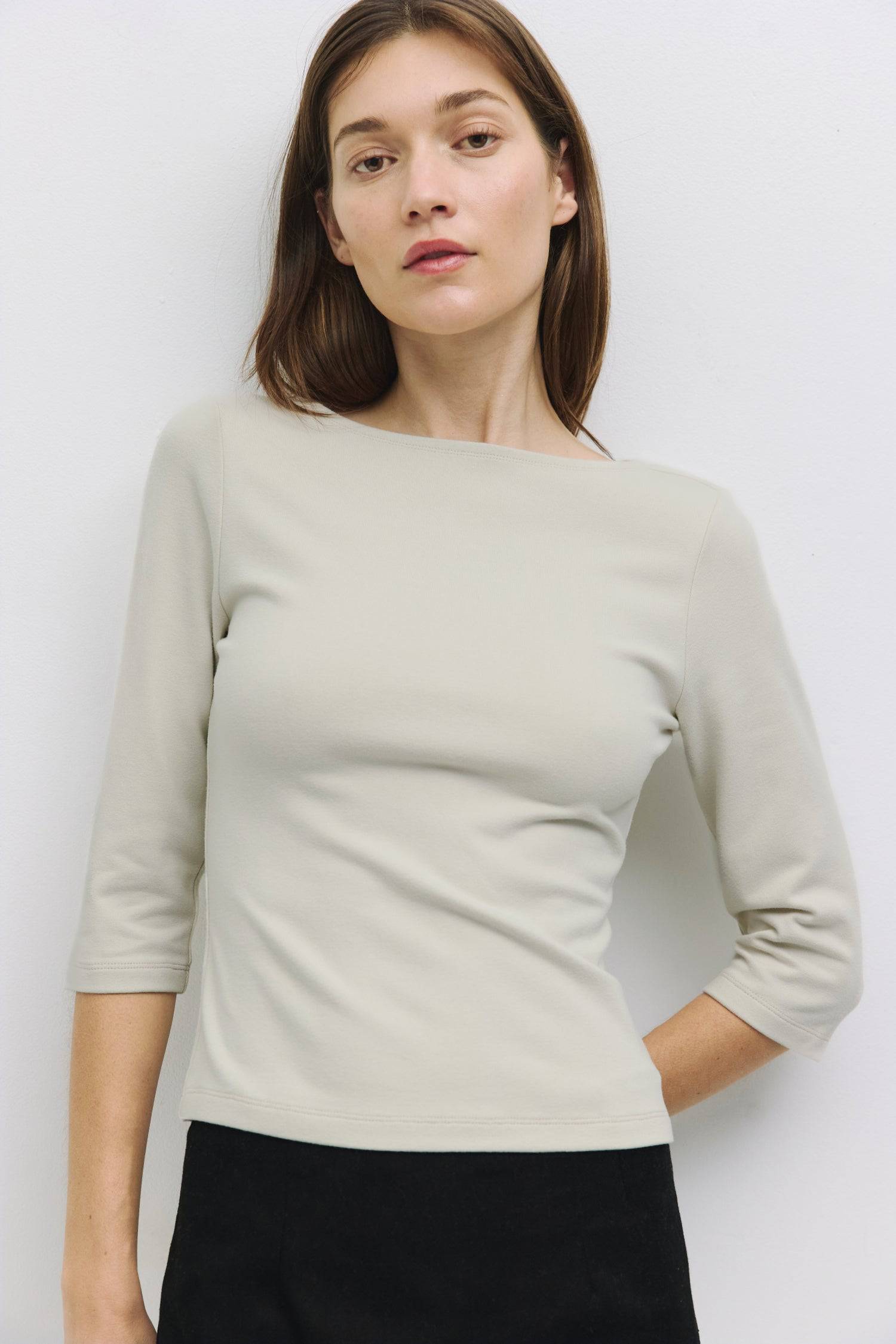 8878009647325, The Ridley Top, Tops, All Row, 3/4 Length Sleeve,3/4 Sleeve,Basic,Basics,beige,Black,Blue,Breathable,Casual,cf-color-beige,cf-color-blue,cf-size-l,cf-size-m,cf-size-s,cf-vendor-all-row,Charcoal,Comfort,Comfortable,Cream,everyday,Feminine,final-sale,finalsale,Fitted,fitted bodice,Fitted Top,Form Fitting,Light Blue,Long Sleeve,new,off white,Relaxed Fit,sale,SPANDEX,spring,Stretchy,Summer,top,Transitional,womens, Information The Ridley Top is crafted from soft brushed knit, featuring a chic boat
