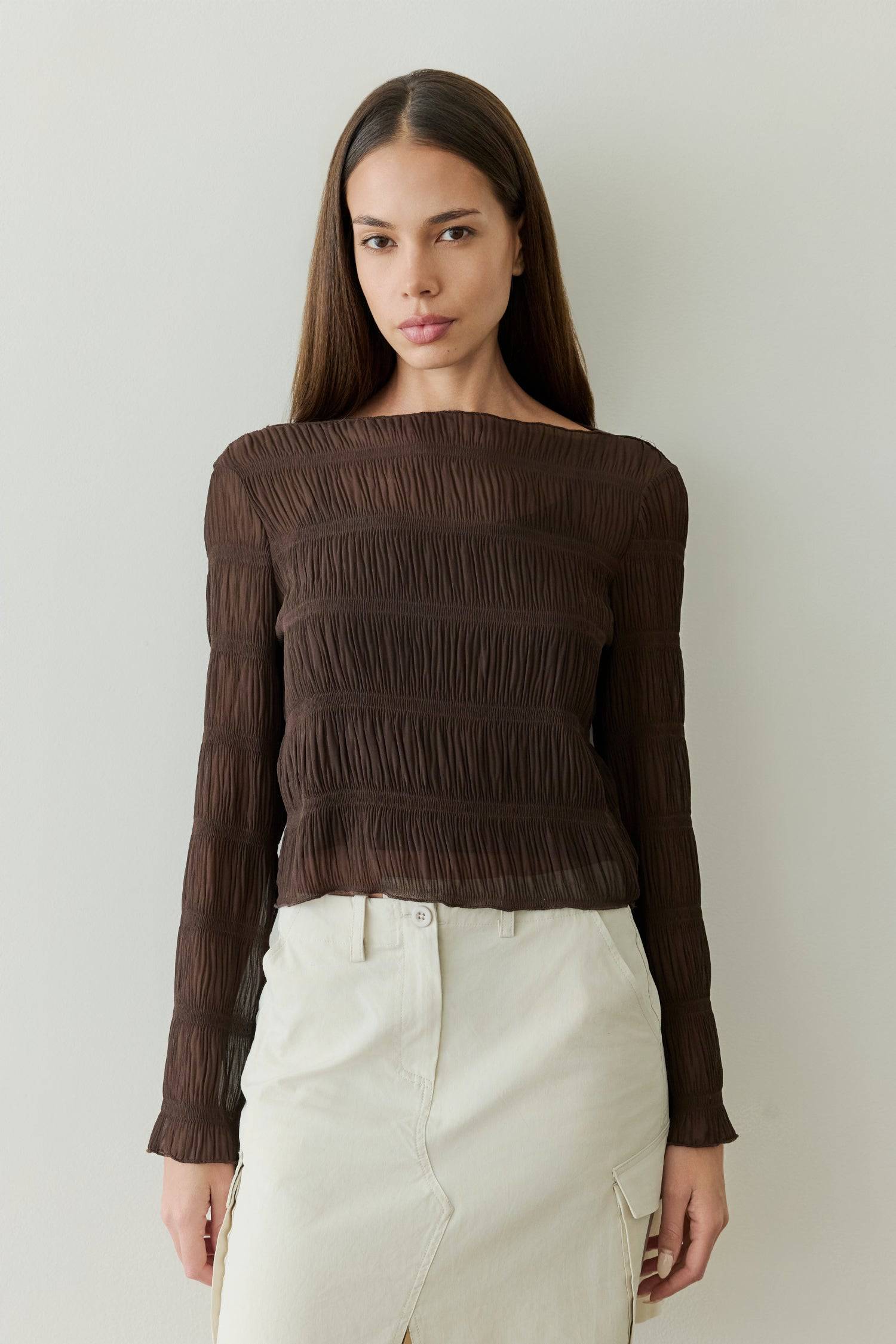 8878015054045, The Runa Top, Tops, All Row, Basic,Basics,Black,Breathable,brown,Casual,cf-color-brown,cf-size-l,cf-size-m,cf-size-s,cf-vendor-all-row,Charcoal,Comfort,Comfortable,Cream,crinkle,crinkle texture,Crinkled Fabric,Feminine,Long Sleeve,Long Sleeve Shirt,Long Sleeve Top,long sleeves,longsleeve,new,Relaxed Fit,semi cropped,top,womens, Information The Runa Top is a crinkled wide-sleeve top that features a relaxed fit and a semi-cropped length for a contemporary look. The included inner slip ensures a