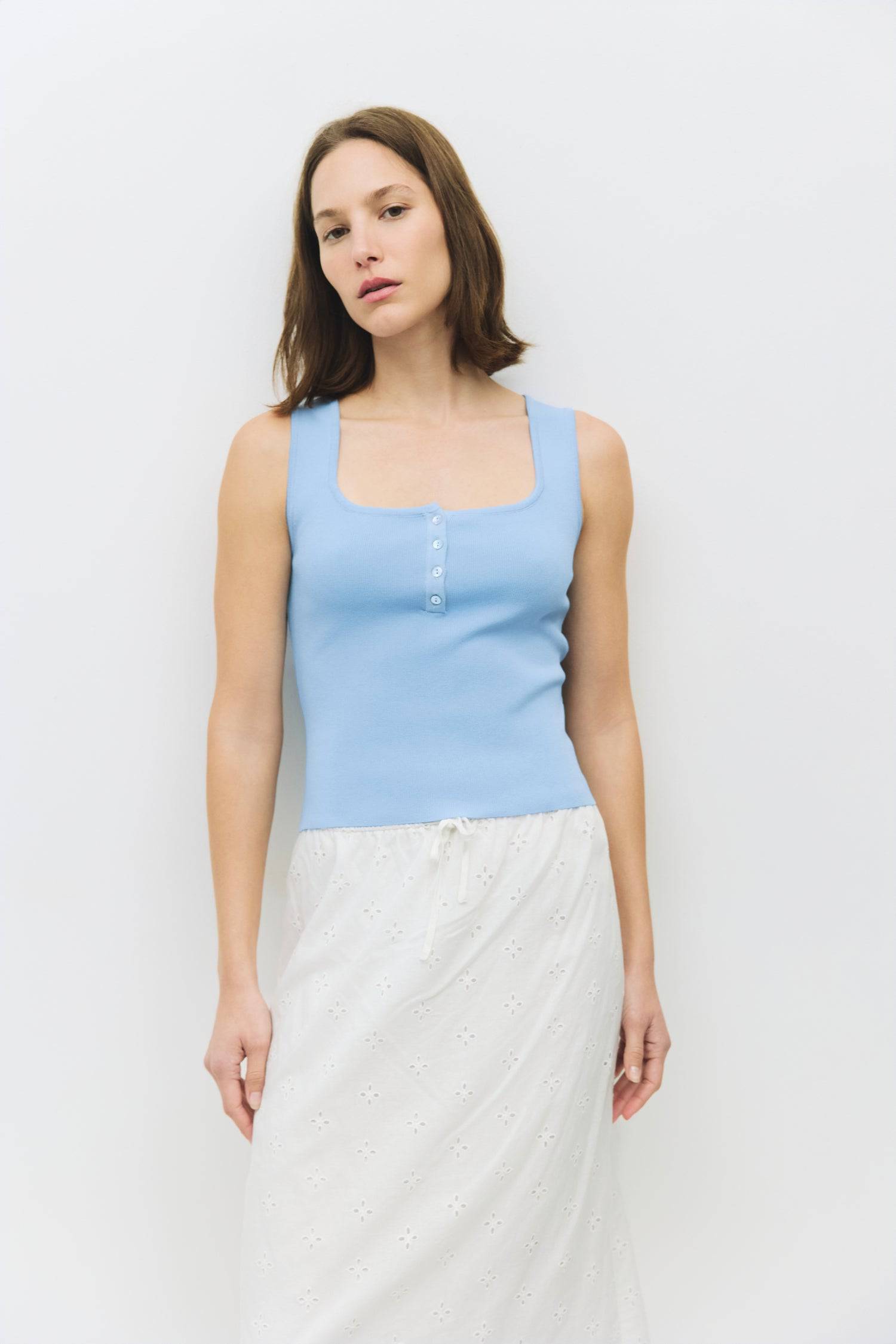 8929245593821, The Kerrigan Top, Tops, All Row, All Row,allrow,Basic,Basics,beige,Casual,cf-color-beige,cf-size-l,cf-size-m,cf-size-s,cf-vendor-all-row,Comfortable,Everyday,final-sale,finalsale,ivory,knit,Knit Top,Long Sleeve,Long Sleeve Top,Lounge,Loungewear,new,sale,Sleevless,Spring,Summer,tank,thin,Women's,womens top, Information The Kerrigan Top is a simple sleeveless tank featuring a square neckline and a partial button-down front for a touch of flair. Made from a soft ribbed knit fabric, this top is p