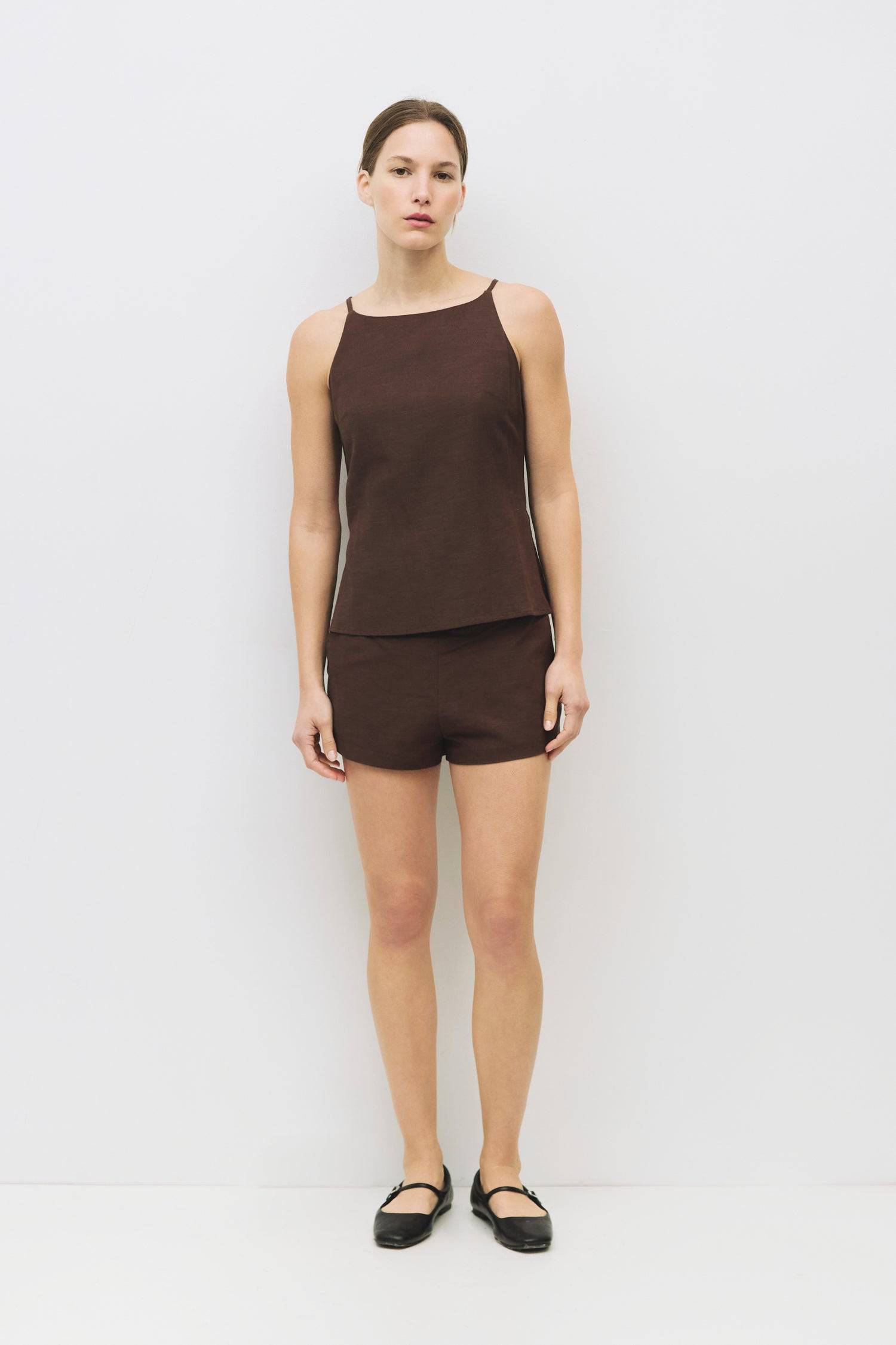 8954058834141, The Tracy Top, Tops, All Row, All Row,allrow,Black,brown,Casual,cf-color-black,cf-color-brown,cf-color-white,cf-color-yellow,cf-size-l,cf-size-m,cf-size-s,cf-vendor-all-row,cinched,final-sale,finalsale,front ties,Linen,linen-blend,Long Sleeve,Long Sleeve Top,Matching Set,new,sale,set,Sets,Spring,Summer,texture,white,Women's,womens top, Information The Tracy Top is a sleeveless high-neck linen piece with a square neckline and a flattering fitted silhouette. With its chic back princess seam det