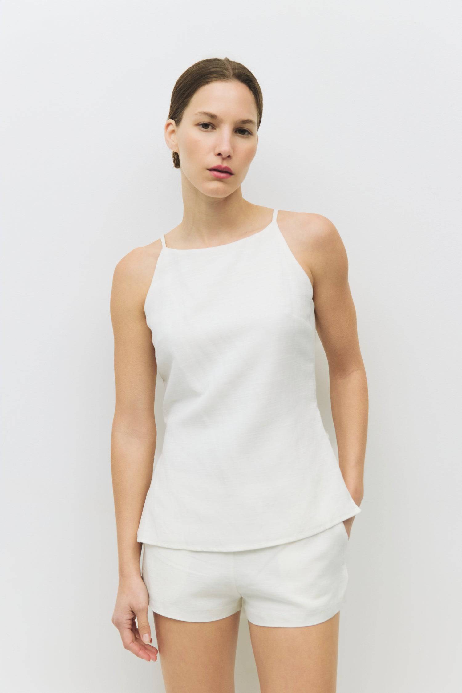 8954058834141, The Tracy Top, Tops, All Row, All Row,allrow,Black,brown,Casual,cf-color-black,cf-color-brown,cf-color-white,cf-color-yellow,cf-size-l,cf-size-m,cf-size-s,cf-vendor-all-row,cinched,final-sale,finalsale,front ties,Linen,linen-blend,Long Sleeve,Long Sleeve Top,Matching Set,new,sale,set,Sets,Spring,Summer,texture,white,Women's,womens top, Information The Tracy Top is a sleeveless high-neck linen piece with a square neckline and a flattering fitted silhouette. With its chic back princess seam det