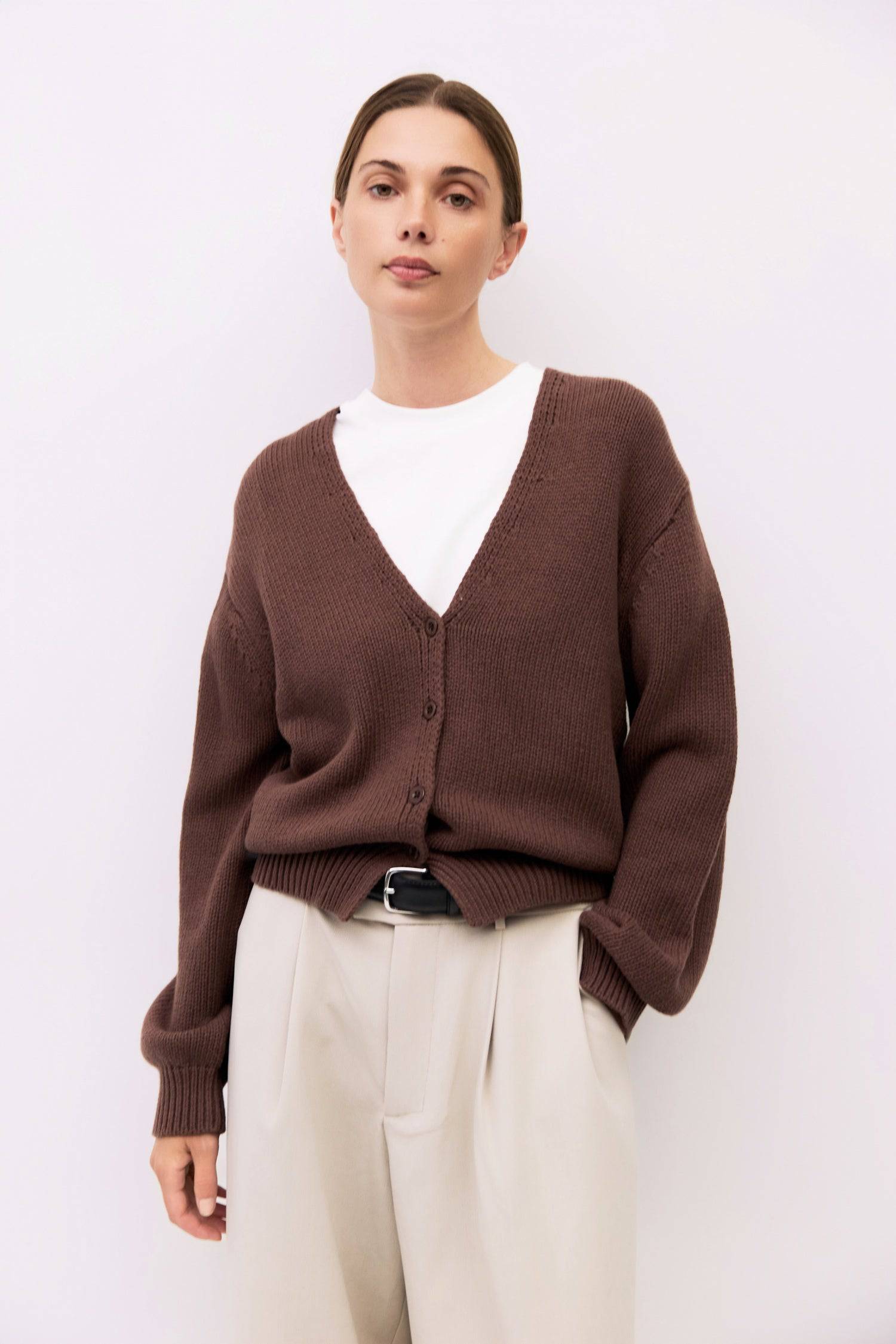 9045581299933, The Layla Cardigan, Outerwear, Mod Ref, Basic,Basics,bell sleeves,brown,Button up,Cardigan,Casual,cf-color-brown,cf-color-white,cf-size-l,cf-size-m,cf-size-s,cf-size-xl,cf-size-xs,cf-vendor-mod-ref,Colder Seasons,Collar,collared,Cotton,fall,heavy weight,Knit,Knit Top,Long Sleeve,Long Sleeve Top,Mod Ref,modref,new,nylon,shawl collar,Soft Knit,tonal,Transitional,V neck,V Neckline,white,winter,Women's, Information The Layla Cardigan is crafted from a midweight knit for a soft yet structured feel