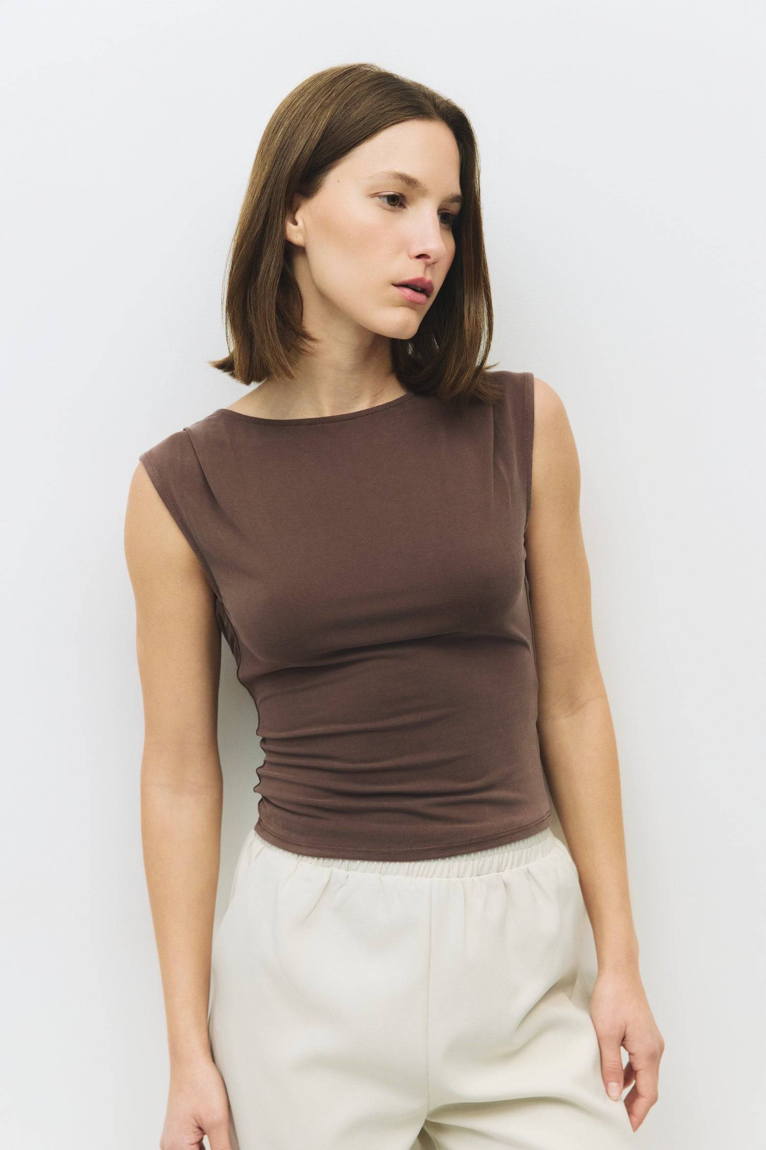 8983710236893, The Benson Top, Tops, Mod Ref, All Row,allrow,basics,Black,Blue,Bone,cf-color-black,cf-color-blue,cf-color-bone,cf-color-brown,cf-color-grey,cf-color-navy,cf-color-pink,cf-color-rust,cf-color-sage,cf-color-white,cf-size-l,cf-size-m,cf-size-s,cf-vendor-all-row,collection,COTTON,essentials,everyday,final-sale,finalsale,grey,jersey,new,Pink,sale,t-shirt,tee,white,womens, Information The Benson Top is a luxurious modal piece featuring a wide neckline and a stunning cowl back detail for a relaxed