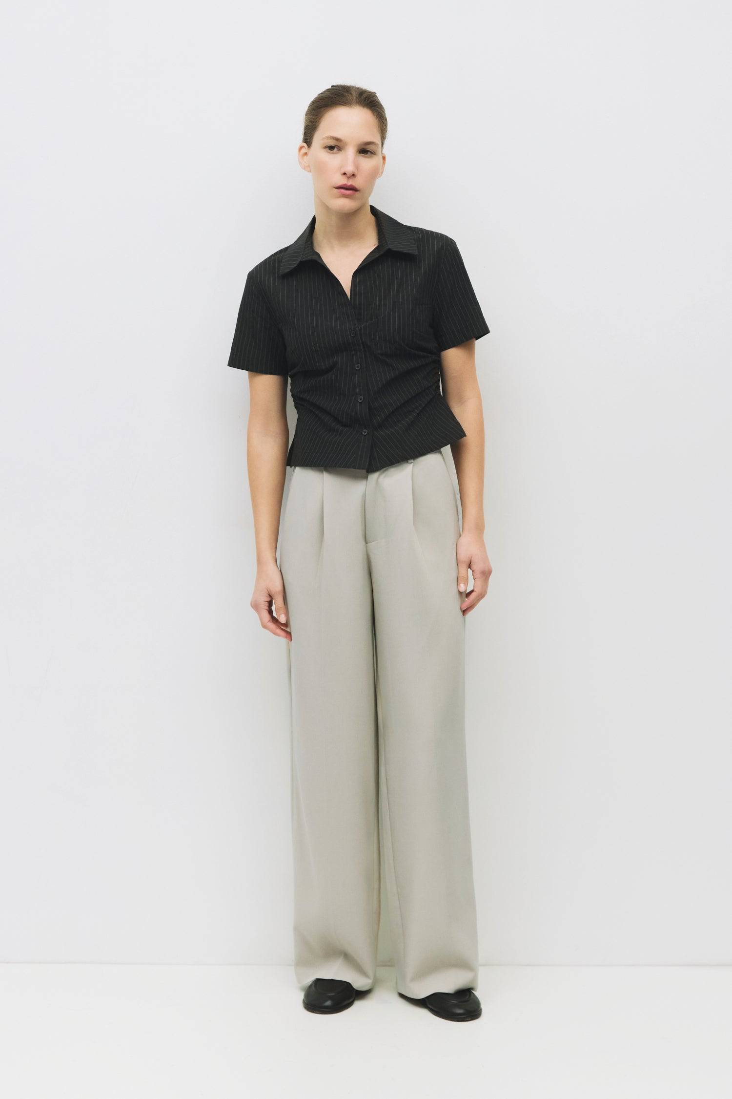 8983717183709, The Valeria Top, Tops, Mod Ref, Black,Breathable,Button down,Button Down Shirt,Button Up,Casual,cf-color-black,cf-color-blue,cf-color-white,cf-size-l,cf-size-m,cf-size-s,cf-vendor-mod-ref,cinched,Cinched Back,Cinched Waist,collared,Collared Top,Cotton,everyday,final-sale,finalsale,Long Sleeve,Long Sleeve Top,new,Oversized,sale,spring,Striped,Summer,Tops,Transitional,white,womens,Work,Workwear, Information The Valeria Top is a short-sleeve button-down top in a stylish pinstripe fabric, featuri