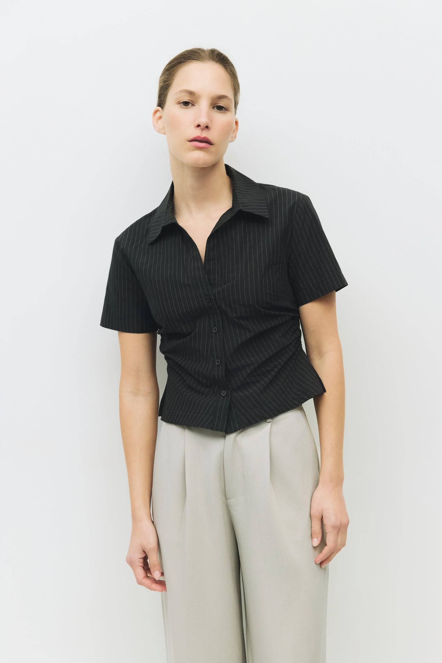 8983717183709, The Valeria Top, Tops, Mod Ref, Black,Breathable,Button down,Button Down Shirt,Button Up,Casual,cf-color-black,cf-color-blue,cf-color-white,cf-size-l,cf-size-m,cf-size-s,cf-vendor-mod-ref,cinched,Cinched Back,Cinched Waist,collared,Collared Top,Cotton,everyday,final-sale,finalsale,Long Sleeve,Long Sleeve Top,new,Oversized,sale,spring,Striped,Summer,Tops,Transitional,white,womens,Work,Workwear, Information The Valeria Top is a short-sleeve button-down top in a stylish pinstripe fabric, featuri