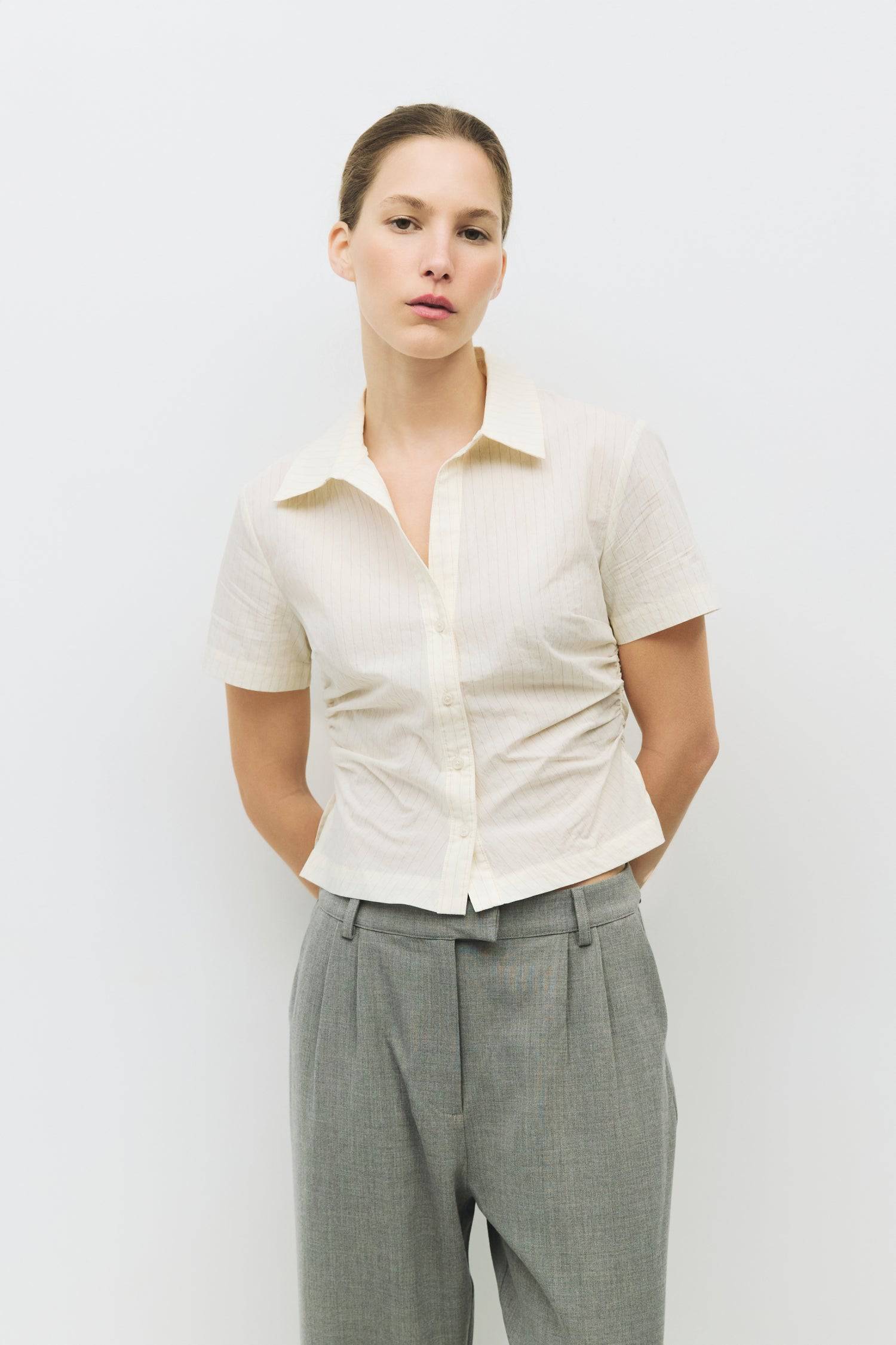 8983717183709, The Valeria Top, Tops, Mod Ref, Black,Breathable,Button down,Button Down Shirt,Button Up,Casual,cf-color-black,cf-color-blue,cf-color-white,cf-size-l,cf-size-m,cf-size-s,cf-vendor-mod-ref,cinched,Cinched Back,Cinched Waist,collared,Collared Top,Cotton,everyday,final-sale,finalsale,Long Sleeve,Long Sleeve Top,new,Oversized,sale,spring,Striped,Summer,Tops,Transitional,white,womens,Work,Workwear, Information The Valeria Top is a short-sleeve button-down top in a stylish pinstripe fabric, featuri