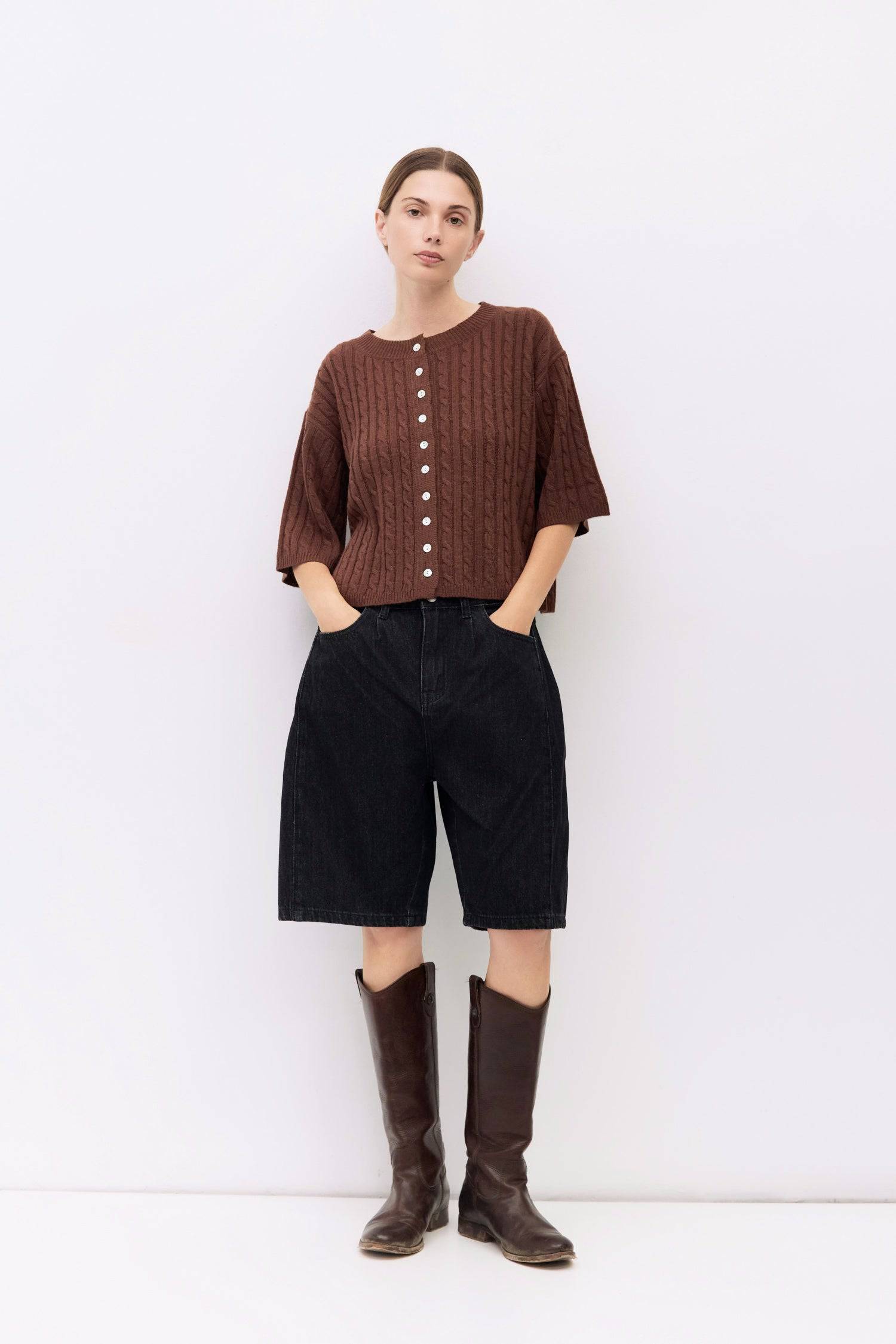 9045724397789, The Poppy Cardigan, Tops, Mod Ref, All Row,allrow,Basic,Basics,Blue,brown,Cable Knit,Cardigan,Casual,cf-color-brown,cf-color-cream,cf-color-grey,cf-color-red,cf-size-l,cf-size-m,cf-size-s,Comfortable,Cream,Crew Neck,Crop,Cropped,cropped hemline,Elbow Sleeves,Everyday,Grey,Heather Grey,mid weight,new,Red,Shell Buttons,Short Sleeve,Spring,stretch,Transitional,Womens,womens top,Wool,wool blend, Information The Poppy Cardigan is a relaxed-fit piece crafted from midweight cable knit, featuring elb