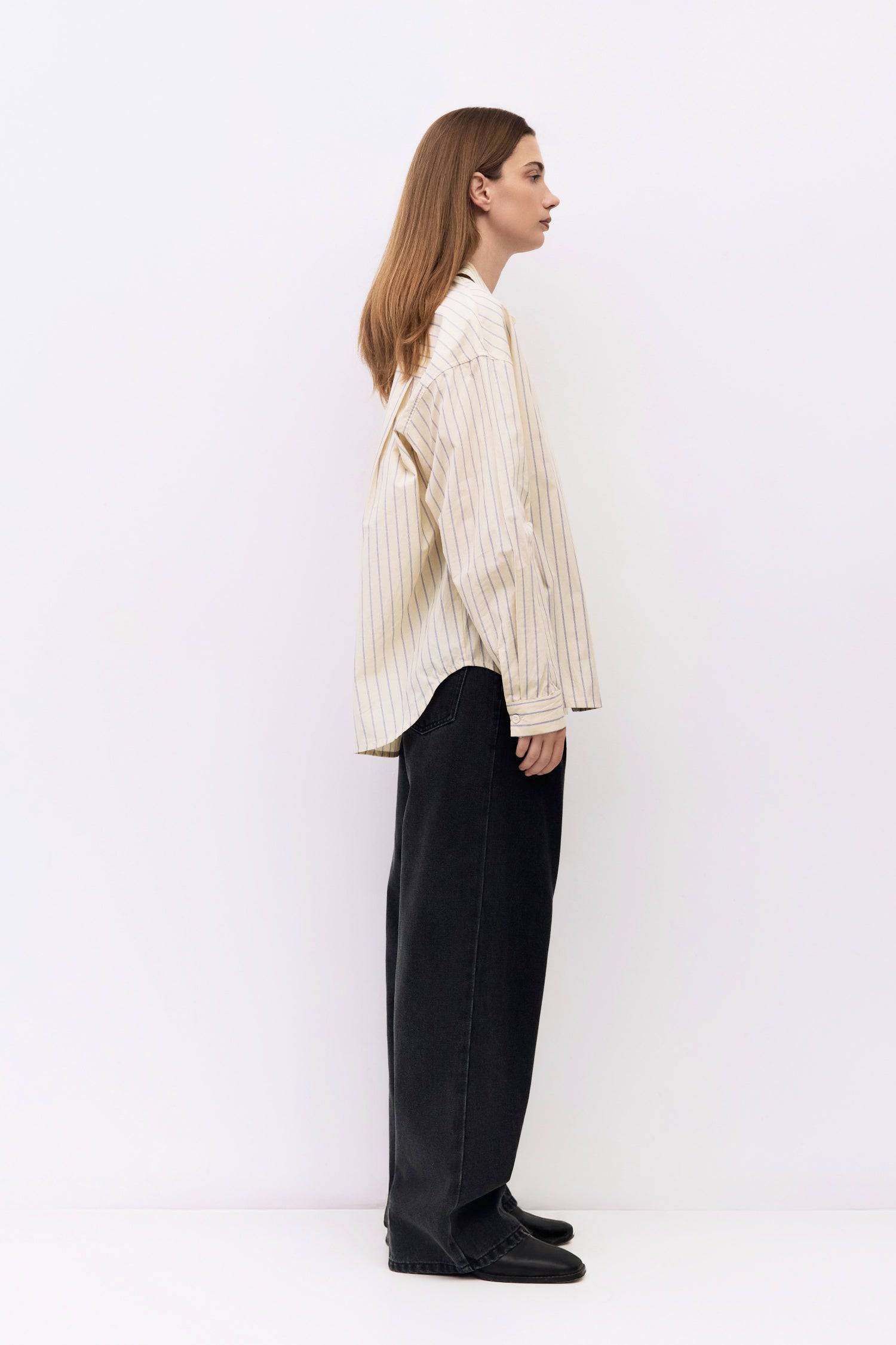 9084487467229, The Brigid Top, Tops, All Row, Breathable,Button down,Button Down Shirt,Button Up,Casual,cf-color-blue,cf-color-white,cf-color-yellow,cf-size-l,cf-size-m,cf-size-s,collared,Collared Top,Cotton,everyday,Long Sleeve,Long Sleeve Top,new,off white,Oversized,Relaxed,Relaxed Fit,spring,Striped,Summer,Tops,Transitional,white,womens,Work,Workwear,Yellow, Information The Brigid Top is a relaxed-fit button-down made from lightweight 100% cotton striped fabric. It features a collared neckline, long slee