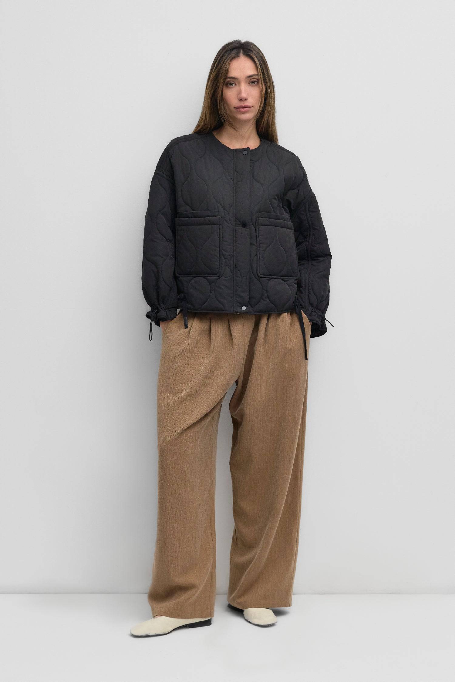 7352566743261, The Kara Jacket, Outerwear, Mod Ref, Adjustable Cords,autumn,Black,Buttons,Casual,cf-color-black,cf-color-olive,cf-color-tan,cf-size-l,cf-size-m,cf-vendor-mod-ref,Comfortable,Fall,Front Pockets,Jacket,Layers,Long Sleeve,mid-autumn,modref,new,Olive,Outerwear,Pockets,Quilted,Quilted Jacket,Relaxed,tan,Warm,Winter,Women's,Zipper, Information Quilted jacket with zip closure and button placket. The jacket features front patch pockets and includes adjustable cords at the wrist and jacket hem. Detai