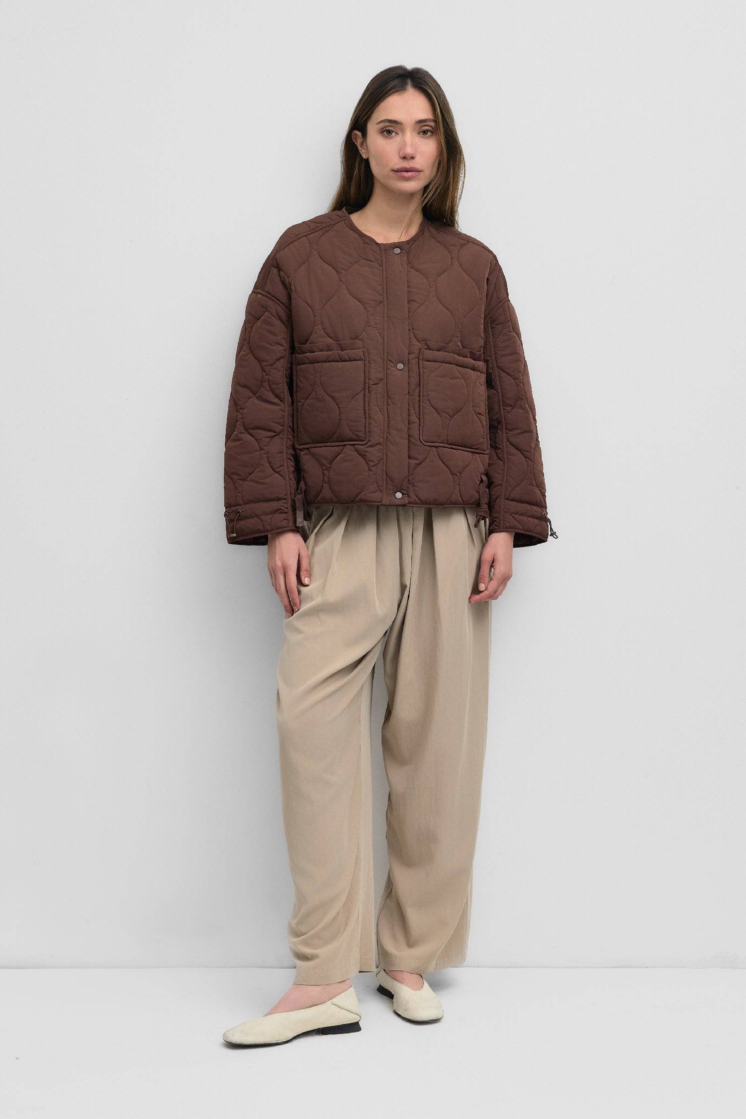 7352566743261, The Kara Jacket, Outerwear, Mod Ref, Adjustable Cords,autumn,Black,Buttons,Casual,cf-color-black,cf-color-olive,cf-color-tan,cf-size-l,cf-size-m,cf-vendor-mod-ref,Comfortable,Fall,Front Pockets,Jacket,Layers,Long Sleeve,mid-autumn,modref,new,Olive,Outerwear,Pockets,Quilted,Quilted Jacket,Relaxed,tan,Warm,Winter,Women's,Zipper, Information Quilted jacket with zip closure and button placket. The jacket features front patch pockets and includes adjustable cords at the wrist and jacket hem. Detai