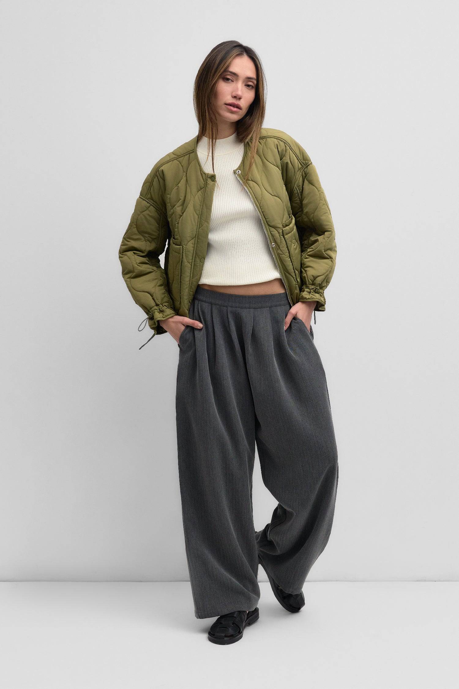 7352566743261, The Kara Jacket, Outerwear, Mod Ref, Adjustable Cords,autumn,Black,Buttons,Casual,cf-color-black,cf-color-olive,cf-color-tan,cf-size-l,cf-size-m,cf-vendor-mod-ref,Comfortable,Fall,Front Pockets,Jacket,Layers,Long Sleeve,mid-autumn,modref,new,Olive,Outerwear,Pockets,Quilted,Quilted Jacket,Relaxed,tan,Warm,Winter,Women's,Zipper, Information Quilted jacket with zip closure and button placket. The jacket features front patch pockets and includes adjustable cords at the wrist and jacket hem. Detai