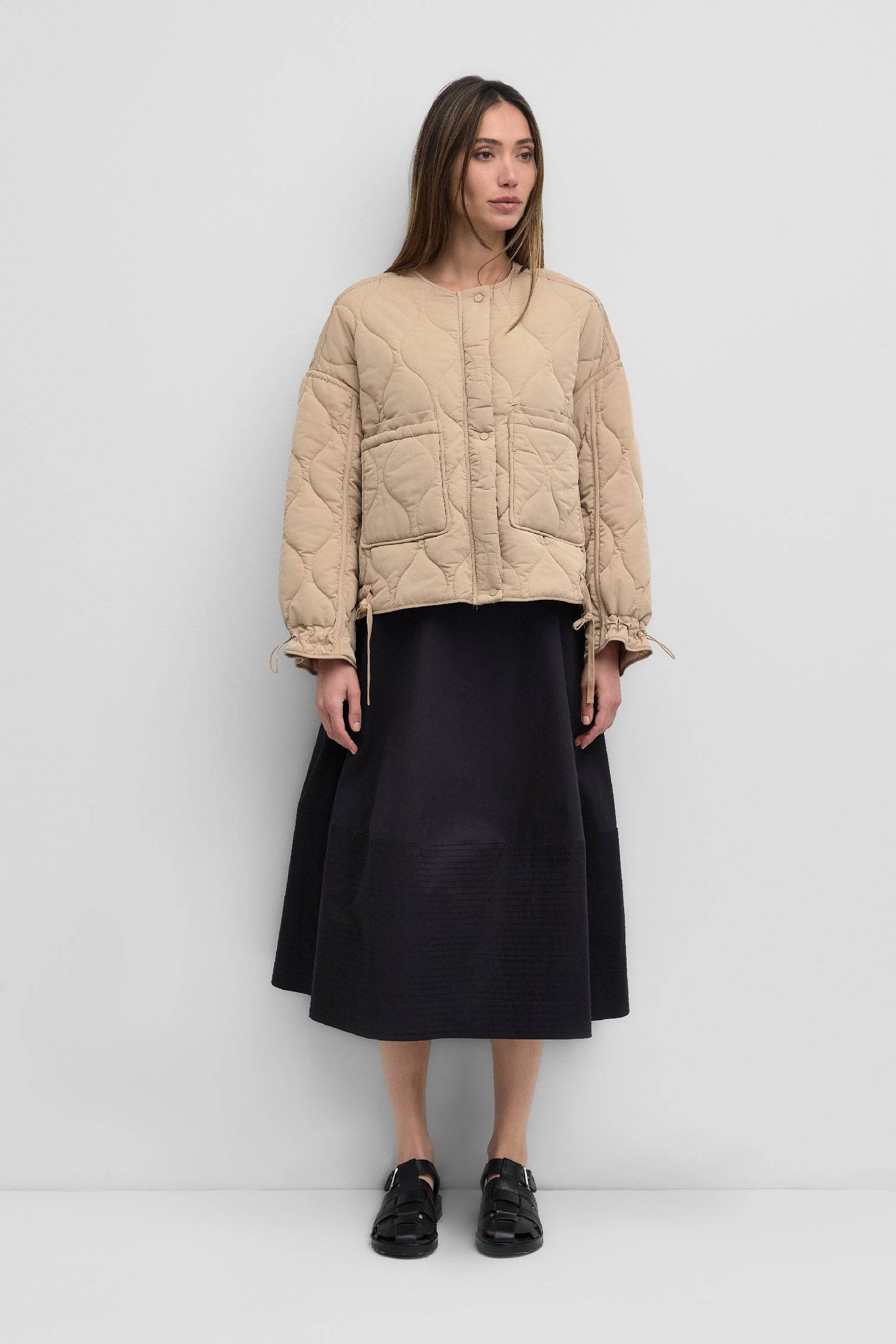 8914334253277, The Kara Jacket - Sample Sale, Outerwear, Mod Ref, Adjustable Cords,autumn,Black,Buttons,Casual,cf-color-black,cf-color-olive,cf-color-tan,cf-size-l,cf-size-m,cf-vendor-mod-ref,Comfortable,Fall,final-sale,finalsale,Front Pockets,Jacket,Layers,Long Sleeve,mid-autumn,modref,new,Olive,Outerwear,Pockets,Quilted,Quilted Jacket,Relaxed,sale,tan,Warm,Winter,Women's,Zipper, Information Quilted jacket with zip closure and button placket. The jacket features front patch pockets and includes adjustable