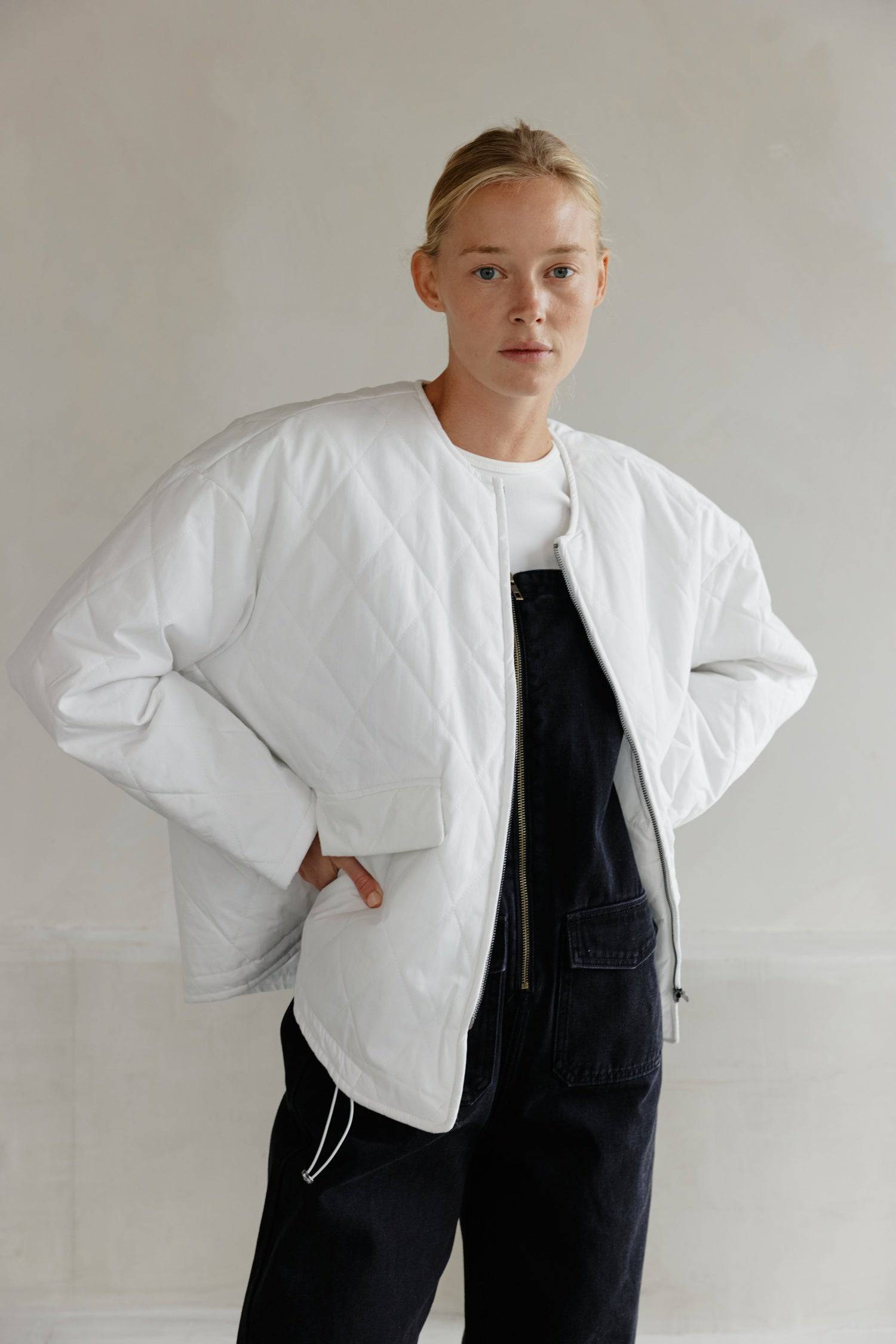 8302377369821, The Greta Jacket, Outerwear, Mod Ref, adjustable,Adjustable Cords,autumn,Black,Buttons,Casual,cf-color-cream,cf-color-olive,cf-color-white,cf-size-l,cf-size-m,cf-size-s,cf-vendor-mod-ref,Comfortable,Cream,Everyday,Fall,Front Pockets,Jacket,Layers,Long Sleeve,mens,mid-autumn,modref,new,Olive,Outerwear,Oversized,Pockets,Quilted,Quilted Jacket,Relaxed,Spring,Summer,tan,Transitional,Unisex,Warm,white,Winter,Women's,Zipper, Information Introducing The Greta Jacket - an oversized quilted jacket tha