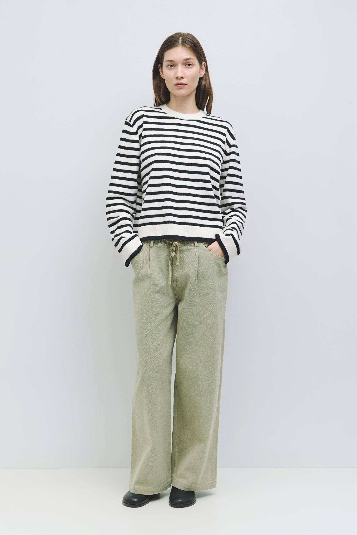 8878009975005, The Klein Sweater, Tops, Mod Ref, Casual,cf-size-l,cf-size-m,cf-size-s,cf-vendor-mod-ref,Collar,collared,Collared Top,Comfort,Comfortable,Contemporary,Cotton,Everyday,Fall,layering,Layers,Minimal,minimalist,Mod Ref,modref,new,nylon,Oversized,Stripe,Striped,Stripes,Sweater,Sweater Top,Taupe,Tops,Vertical Stripes,Winter,Womens,Wool, Information The Klein Sweater is a striped pullover sweater designed with a boyfriend fit for a laid-back, cozy look. The bell sleeves and crew neckline add a relax