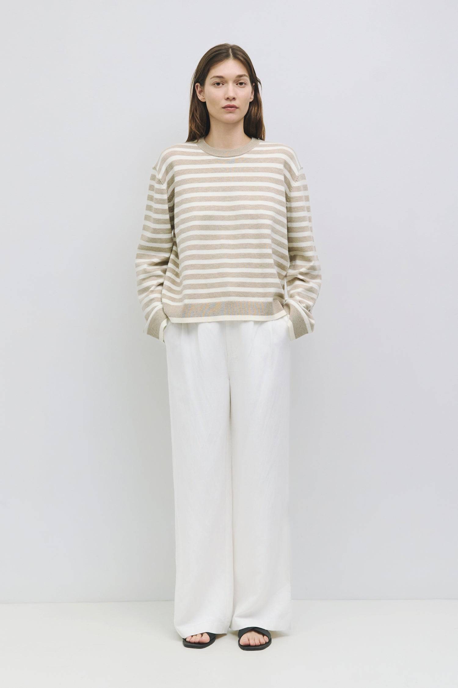 8878009975005, The Klein Sweater, Tops, Mod Ref, Casual,cf-size-l,cf-size-m,cf-size-s,cf-vendor-mod-ref,Collar,collared,Collared Top,Comfort,Comfortable,Contemporary,Cotton,Everyday,Fall,layering,Layers,Minimal,minimalist,Mod Ref,modref,new,nylon,Oversized,Stripe,Striped,Stripes,Sweater,Sweater Top,Taupe,Tops,Vertical Stripes,Winter,Womens,Wool, Information The Klein Sweater is a striped pullover sweater designed with a boyfriend fit for a laid-back, cozy look. The bell sleeves and crew neckline add a relax