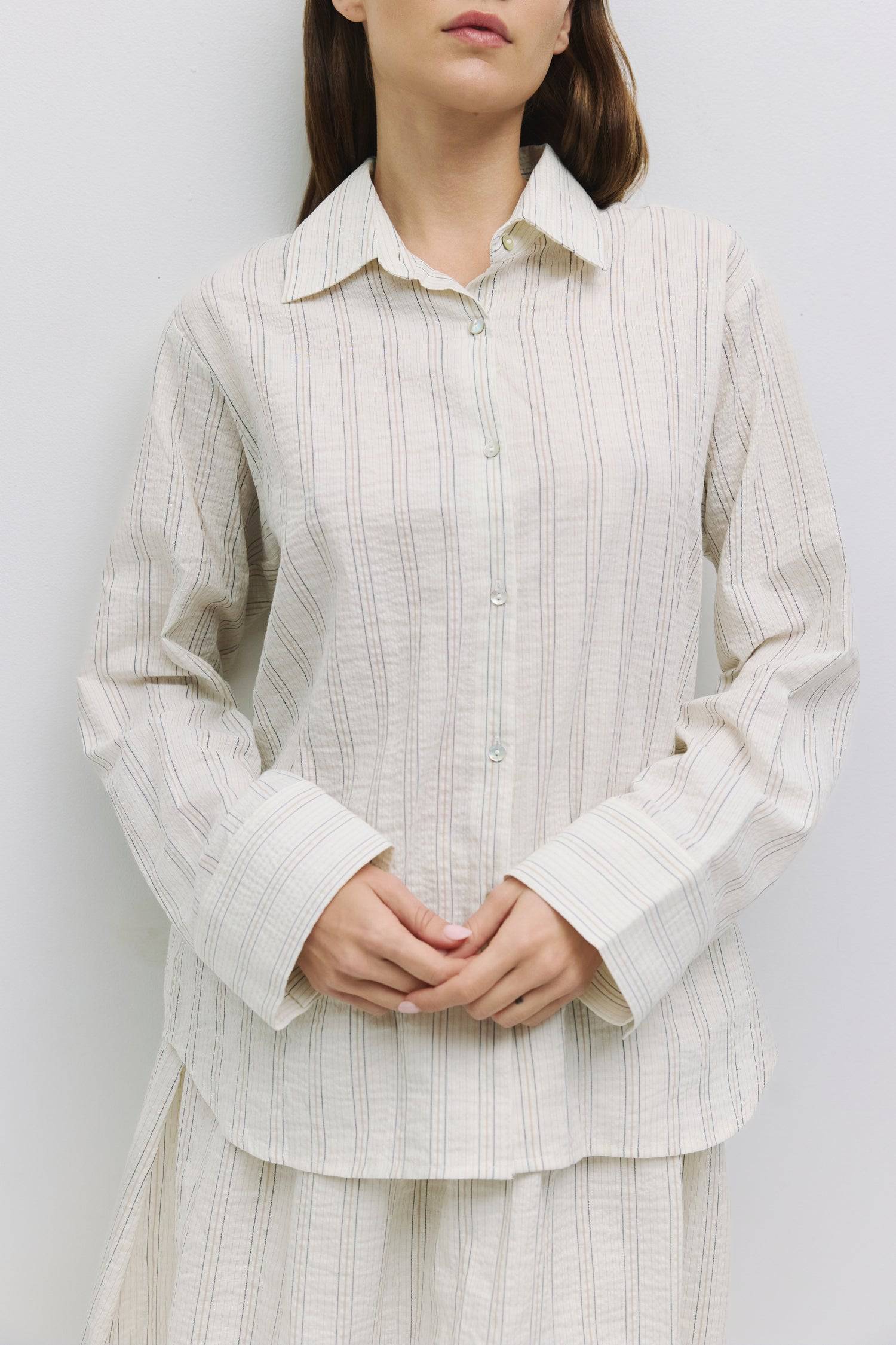 8929226064093, The Joanne Top, Tops, Mod Ref, All Row,allrow,Basics,Button down,Button Down Shirt,Casual,cf-color-blue,cf-size-l,cf-size-m,cf-size-s,cf-vendor-all-row,collared,Collared Top,Cuffed,layer,layered,layering,Layers,leightweight,Long Sleeve,Long Sleeve Shirt,Long Sleeve Top,new,Oversized,Pinstripes,spring,Striped,summer,Transitional,Women's, Information The Joanne Top is a lightweight linen-cotton button-down shirt featuring long sleeves and a classic collar neckline, designed with a striped patte