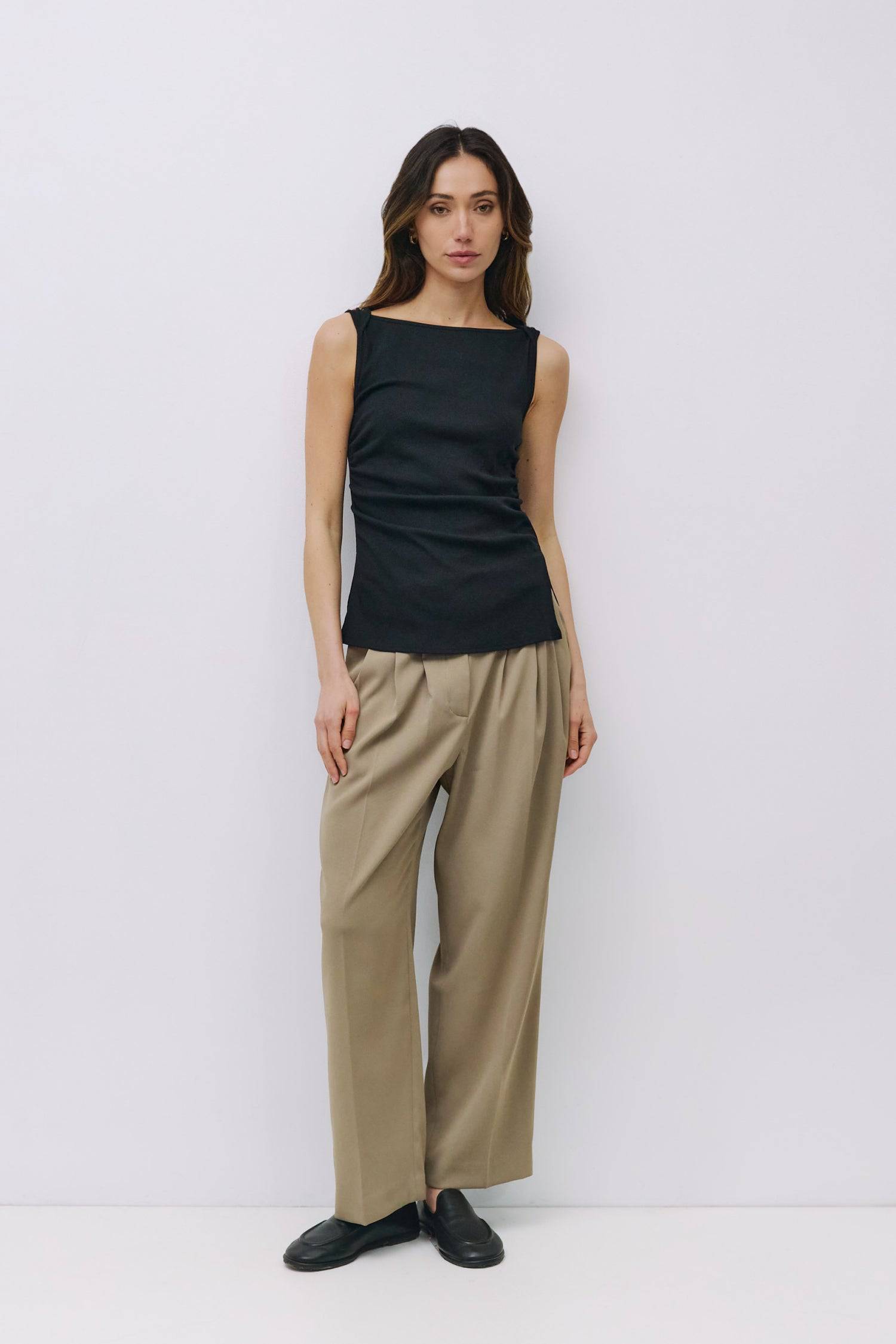 9024056262877, The Regina Top, Tops, Mod Ref, Cap Sleeve,Casual,cf-color-black,cf-size-l,cf-size-m,cf-size-s,cf-size-xl,cf-size-xs,cf-vendor-mod-ref,cinched,Cinched Waist,Comfortable,Cotton,Everyday,Grey,Knit,Mod Ref,modref,new,Relaxed,Relaxed Fit,Rib Knit,set,Sets,Sleeveless Top,Soft Knit,Top,Tops,Transitional,Women's,womens top, Information The Regina Top is a ribbed knit tank with a wide boat neckline and a sleek, fitted silhouette. Designed with overlap shoulder seams, side front shirring, and subtle si