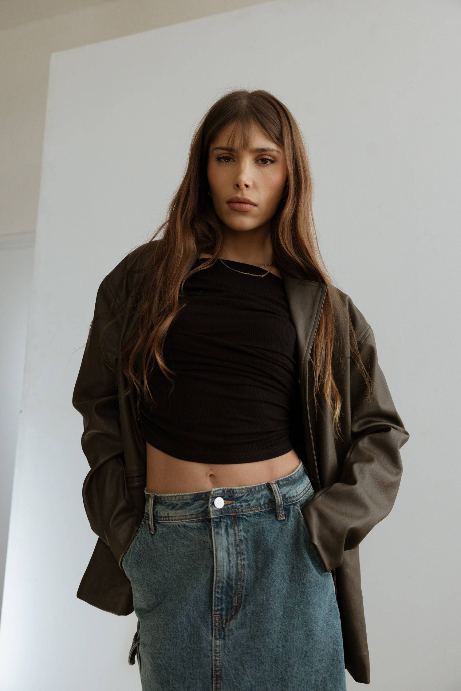 7964139290845, The Camren Jacket, Outerwear, All Row, All Row,allrow,Back Detail,cf-color-black,cf-color-olive,cf-size-l,cf-vendor-all-row,Coat,common,common market,Cotton,Detail,Faux Leather,genderless,Leather,mens,mens shirt,minimalist,new,Olive,Oversized,Pleather,Polyester,Semi-Formal,Spring,statement,statement piece,tencel,Unisex,vegan leather,versatile,Womens,womens top, Information The Camren Jacket is a unisex faux leather jacket in a boxy silhouette. It features a back yoke, side patch pockets, and