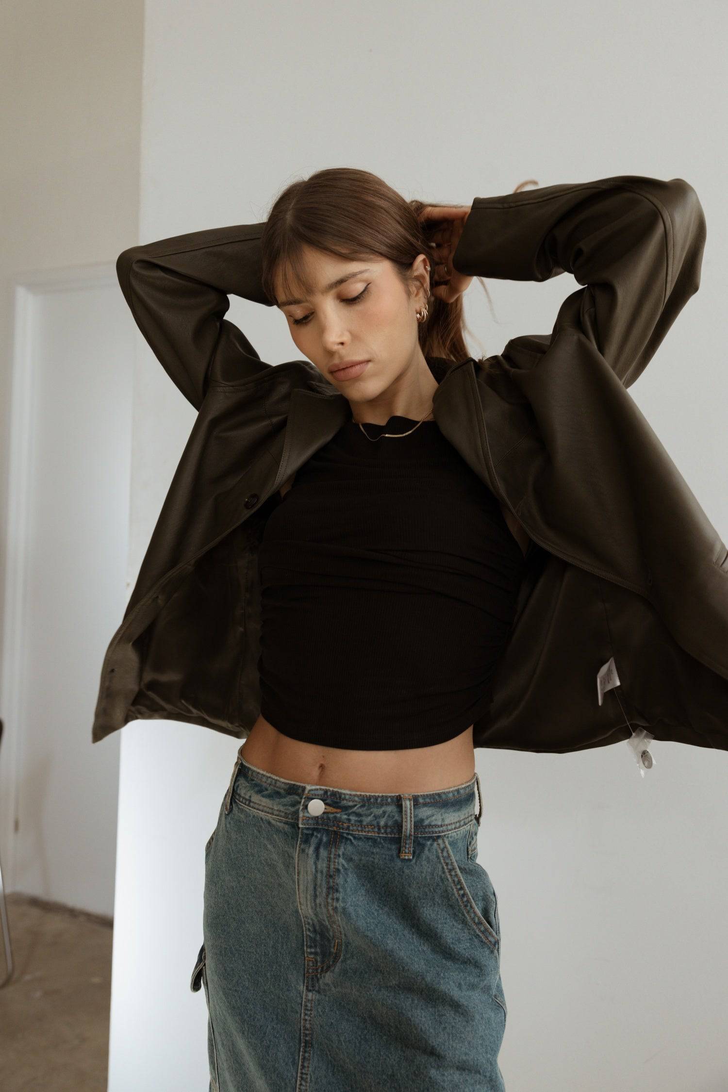 7964139290845, The Camren Jacket, Outerwear, All Row, All Row,allrow,Back Detail,cf-color-black,cf-color-olive,cf-size-l,cf-vendor-all-row,Coat,common,common market,Cotton,Detail,Faux Leather,genderless,Leather,mens,mens shirt,minimalist,new,Olive,Oversized,Pleather,Polyester,Semi-Formal,Spring,statement,statement piece,tencel,Unisex,vegan leather,versatile,Womens,womens top, Information The Camren Jacket is a unisex faux leather jacket in a boxy silhouette. It features a back yoke, side patch pockets, and