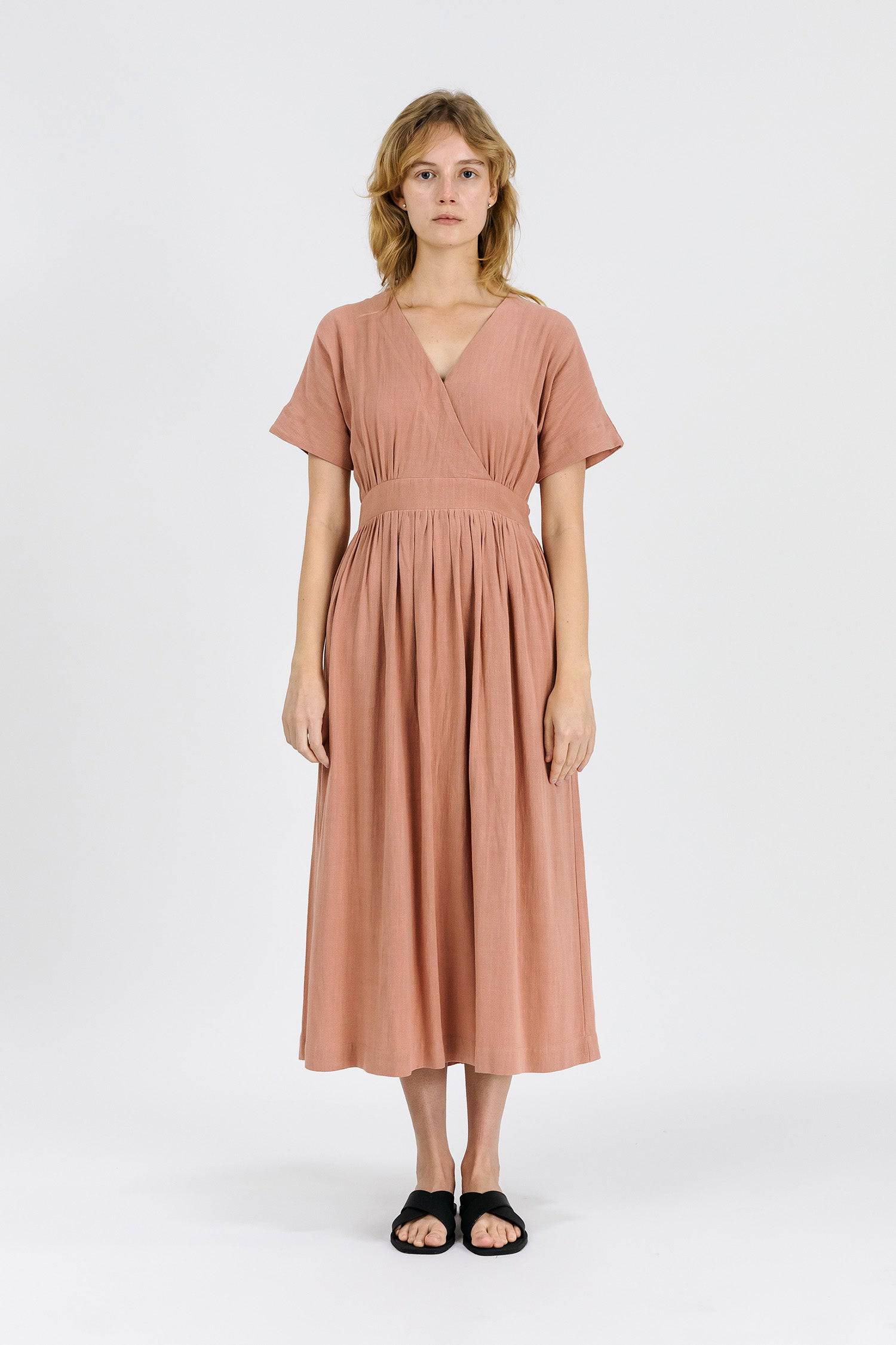 8861270507741, The Palma Dress, Dress, Mod Ref, Belted Tie Waist,Blush,Casual,cf-color-blush,cf-color-tan,cf-color-white,cf-size-l,cf-size-m,cf-size-s,Collar,Detail,Details,Dress,Flow,flowy,Linen,Long Dress,Maxi,maxi dress,Minimal,minimalist,Mod Ref,modref,new,ruched,Soft,Spring,Summer,V neck,V Neckline,Waist Tie,white,Women's,Yellow, Information The Palma Dress is maxi length dress with a v-neckline and waist tie. The piece has feminine touches such as a flutter sleeve and full skirt. Details 70% Linen, 30