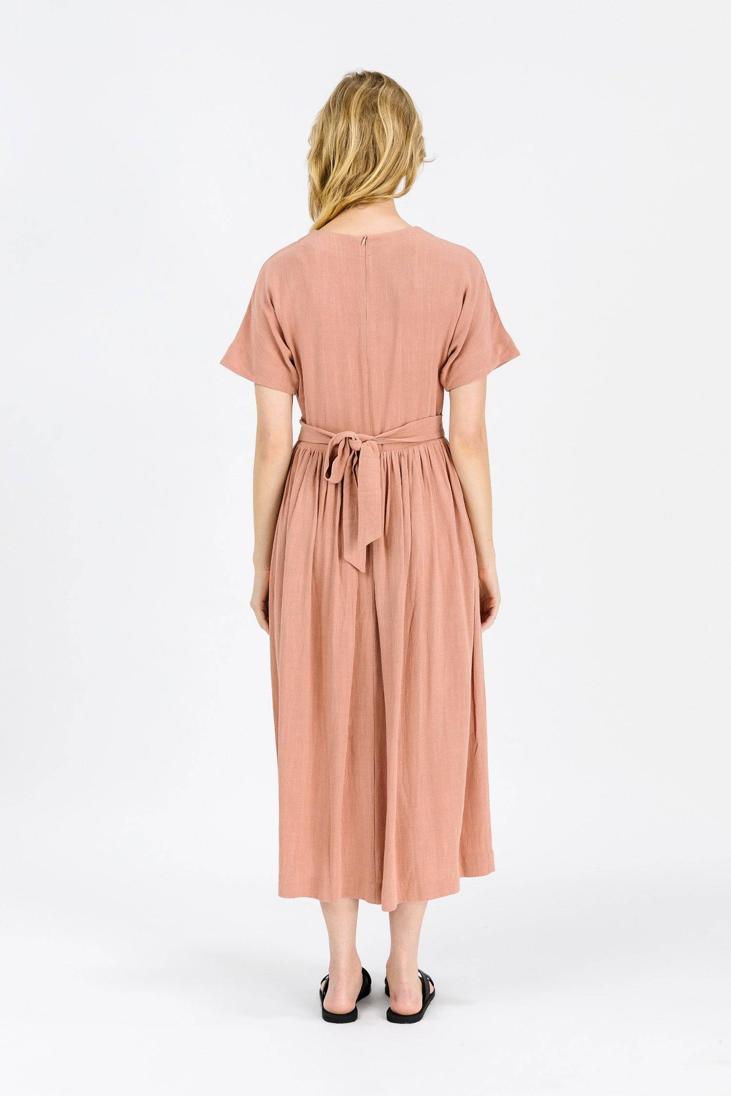 8861270507741, The Palma Dress, Dress, Mod Ref, Belted Tie Waist,Blush,Casual,cf-color-blush,cf-color-tan,cf-color-white,cf-size-l,cf-size-m,cf-size-s,Collar,Detail,Details,Dress,Flow,flowy,Linen,Long Dress,Maxi,maxi dress,Minimal,minimalist,Mod Ref,modref,new,ruched,Soft,Spring,Summer,V neck,V Neckline,Waist Tie,white,Women's,Yellow, Information The Palma Dress is maxi length dress with a v-neckline and waist tie. The piece has feminine touches such as a flutter sleeve and full skirt. Details 70% Linen, 30