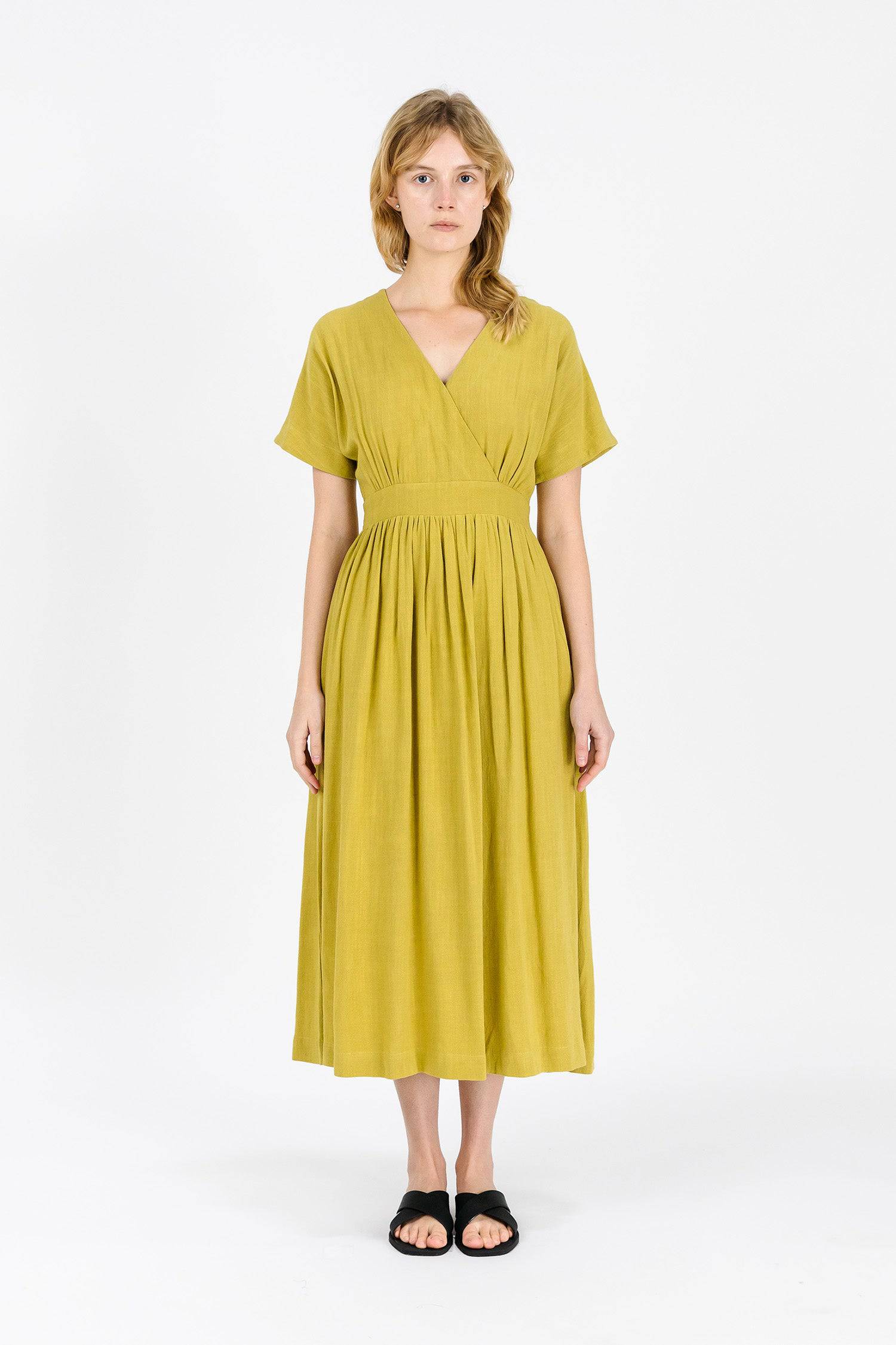 8861270507741, The Palma Dress, Dress, Mod Ref, Belted Tie Waist,Blush,Casual,cf-color-blush,cf-color-tan,cf-color-white,cf-size-l,cf-size-m,cf-size-s,Collar,Detail,Details,Dress,Flow,flowy,Linen,Long Dress,Maxi,maxi dress,Minimal,minimalist,Mod Ref,modref,new,ruched,Soft,Spring,Summer,V neck,V Neckline,Waist Tie,white,Women's,Yellow, Information The Palma Dress is maxi length dress with a v-neckline and waist tie. The piece has feminine touches such as a flutter sleeve and full skirt. Details 70% Linen, 30