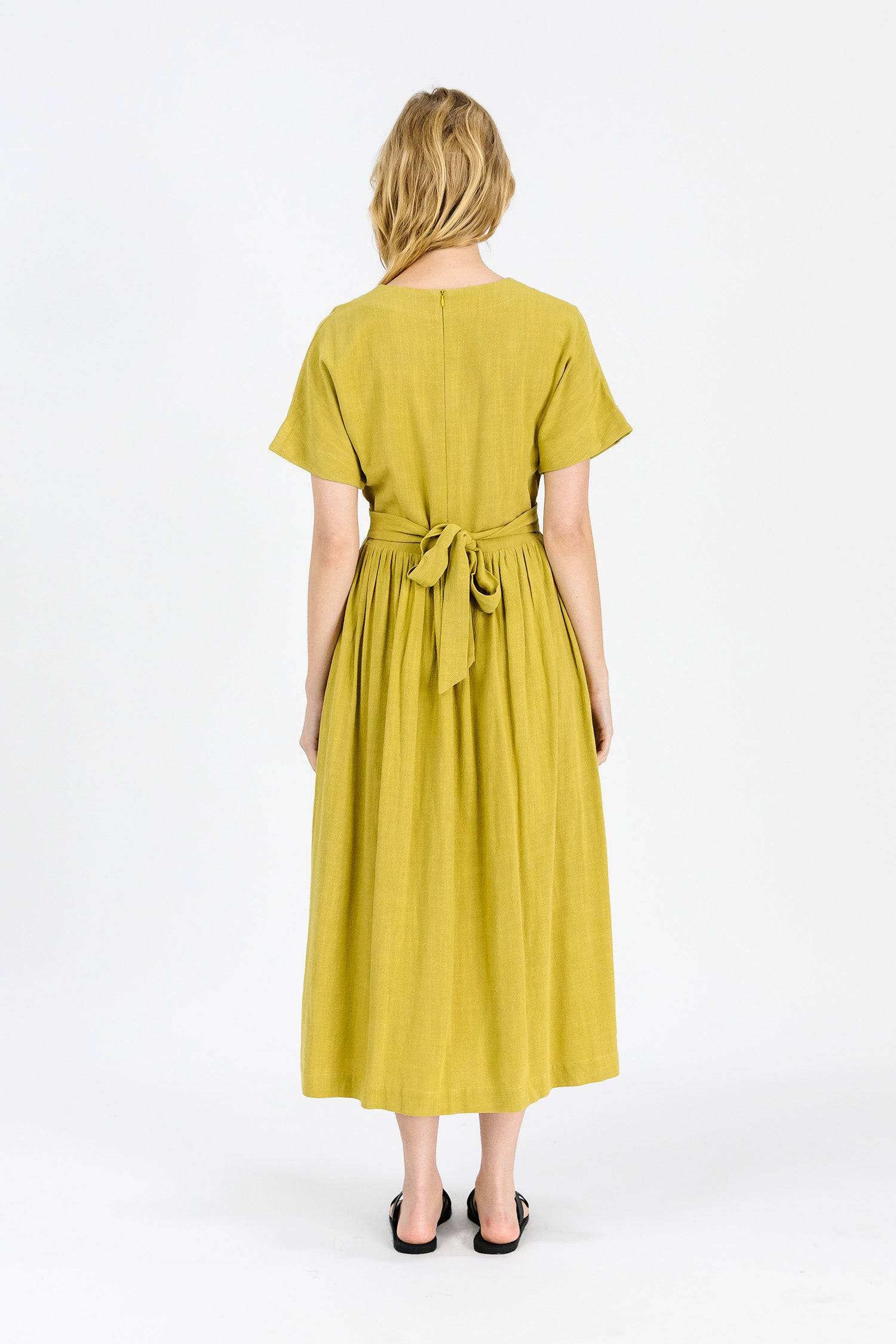 8861270507741, The Palma Dress, Dress, Mod Ref, Belted Tie Waist,Blush,Casual,cf-color-blush,cf-color-tan,cf-color-white,cf-size-l,cf-size-m,cf-size-s,Collar,Detail,Details,Dress,Flow,flowy,Linen,Long Dress,Maxi,maxi dress,Minimal,minimalist,Mod Ref,modref,new,ruched,Soft,Spring,Summer,V neck,V Neckline,Waist Tie,white,Women's,Yellow, Information The Palma Dress is maxi length dress with a v-neckline and waist tie. The piece has feminine touches such as a flutter sleeve and full skirt. Details 70% Linen, 30